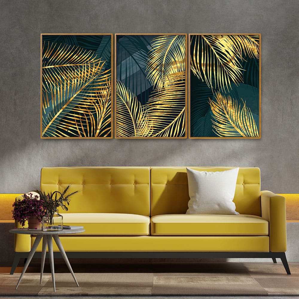 Golden Tropical Palm Leaves Floating Canvas Wall Painting Set of Three - Image 3