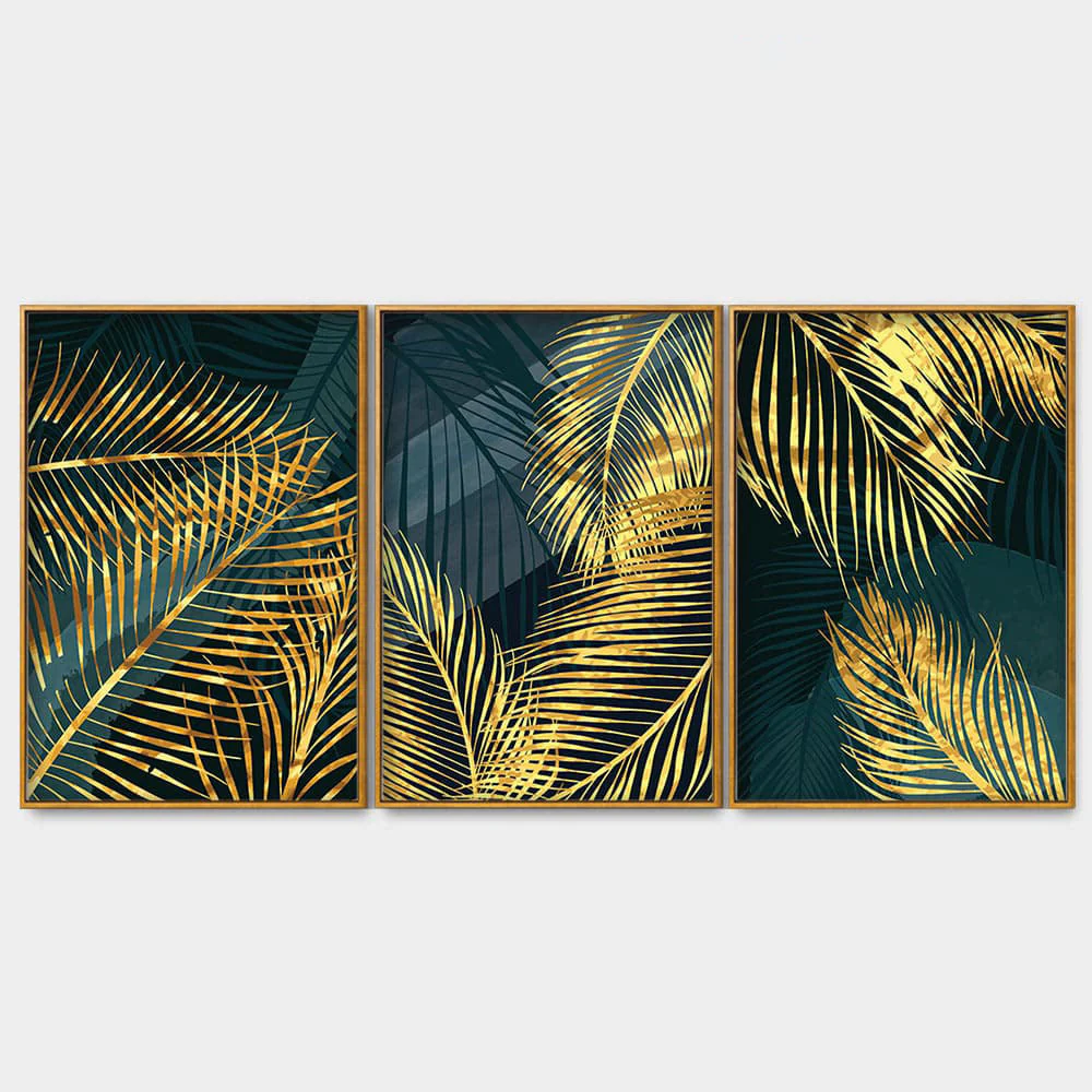 Golden Tropical Palm Leaves Floating Canvas Wall Painting Set of Three - Image 4