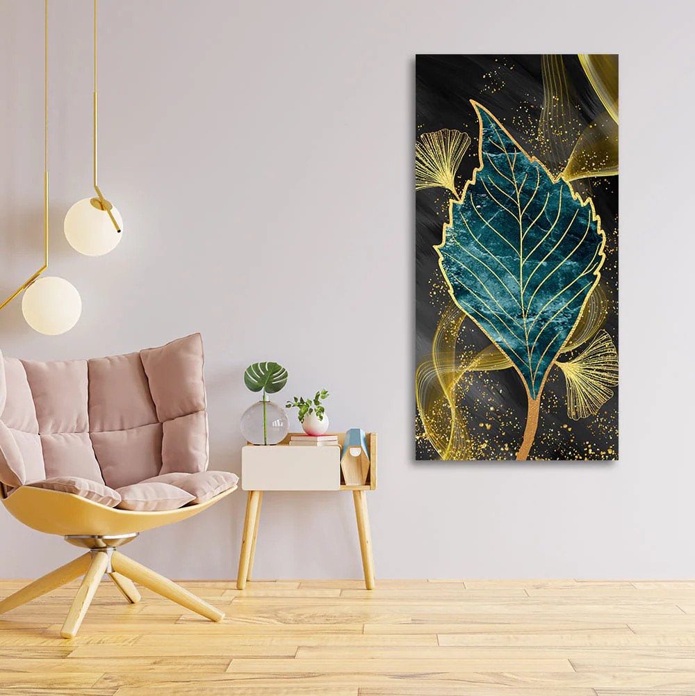 Golden Waves Shapes Turquoise and Green Leaf Feather Canvas Wall Painting - Image 2