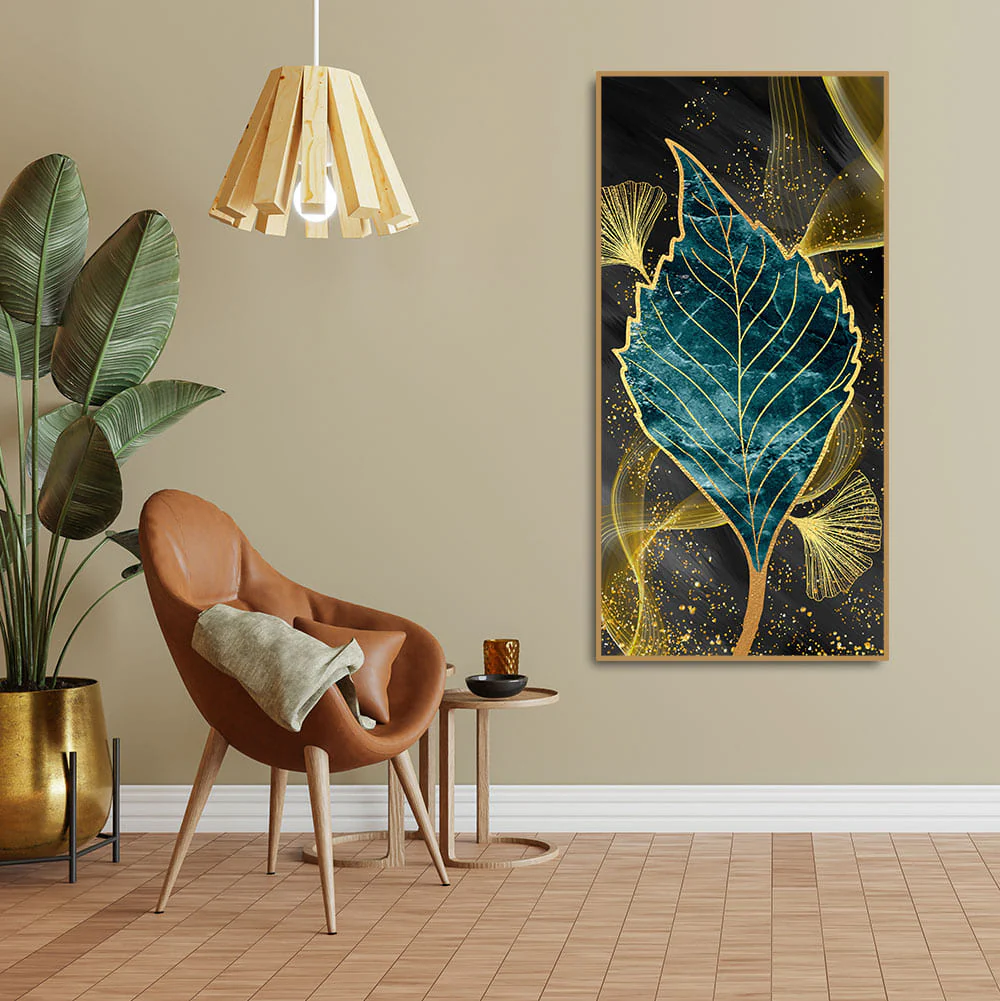 Golden Waves Shapes Turquoise and Green Leaf Feather Canvas Wall Painting - Image 3