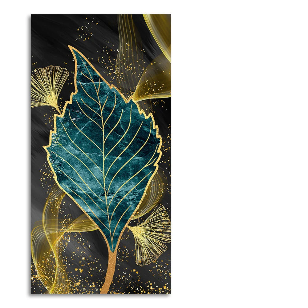 Golden Waves Shapes Turquoise and Green Leaf Feather Canvas Wall Painting - Image 4