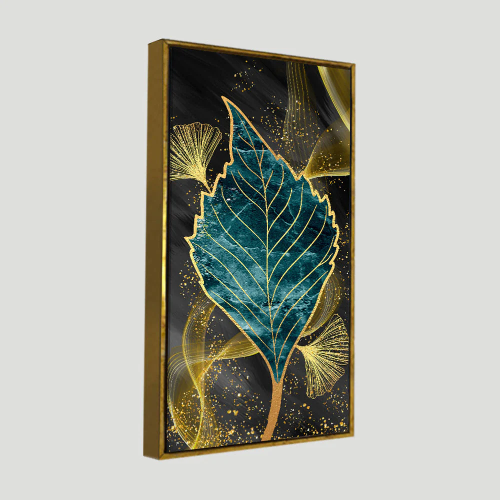 Golden Waves Shapes Turquoise and Green Leaf Feather Canvas Wall Painting - Image 5