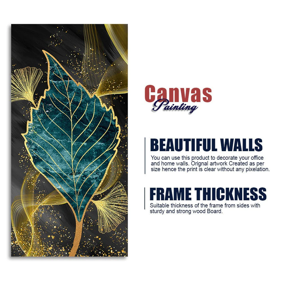 Golden Waves Shapes Turquoise and Green Leaf Feather Canvas Wall Painting - Image 6