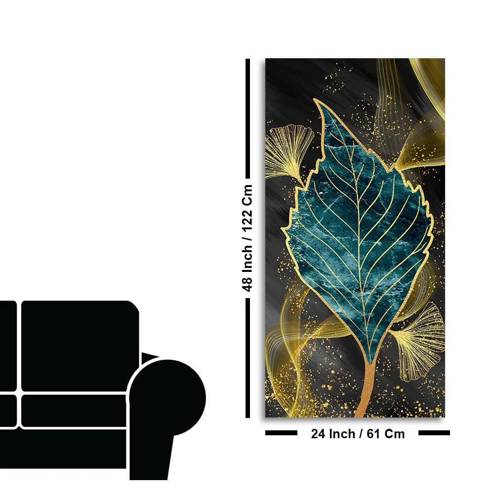 Golden Waves Shapes Turquoise and Green Leaf Feather Canvas Wall Painting - Image 7