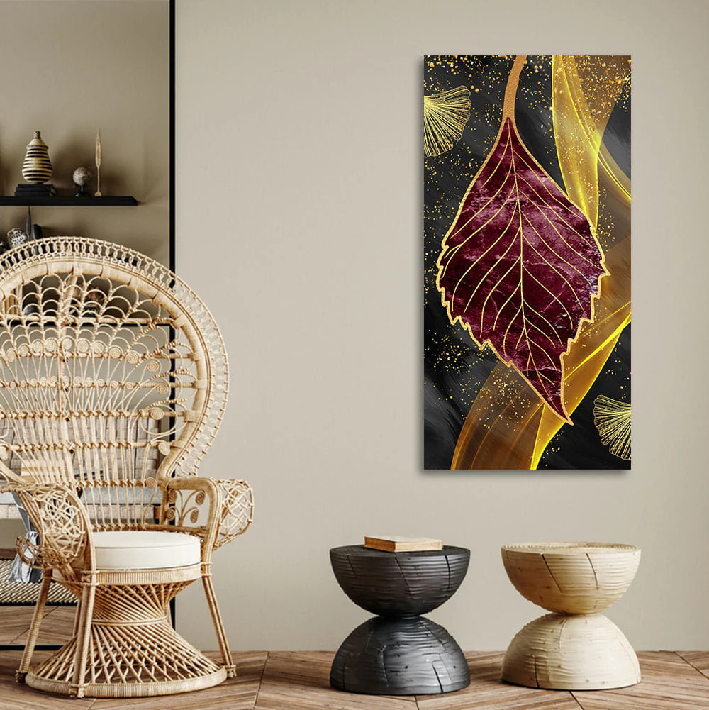 Golden Waves Shapes Turquoise and Red Leaf Feather Canvas Wall Painting - Image 2