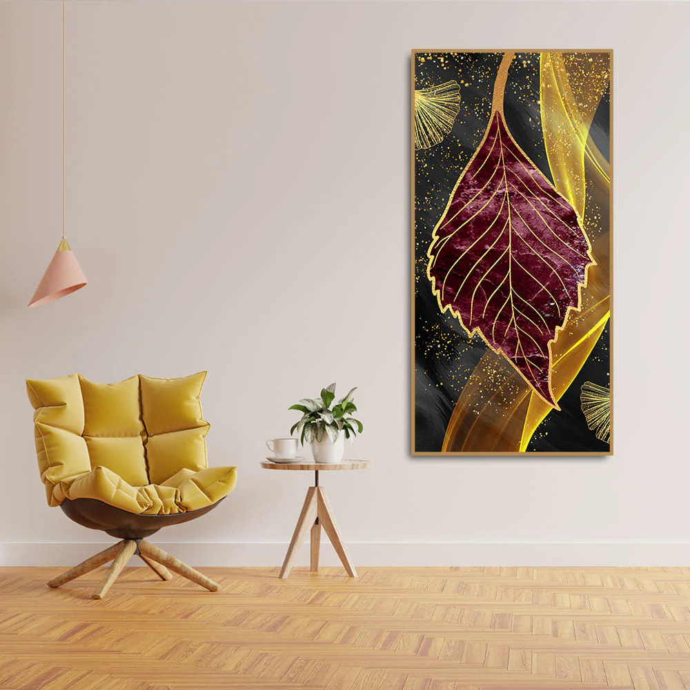 Golden Waves Shapes Turquoise and Red Leaf Feather Canvas Wall Painting - Image 3