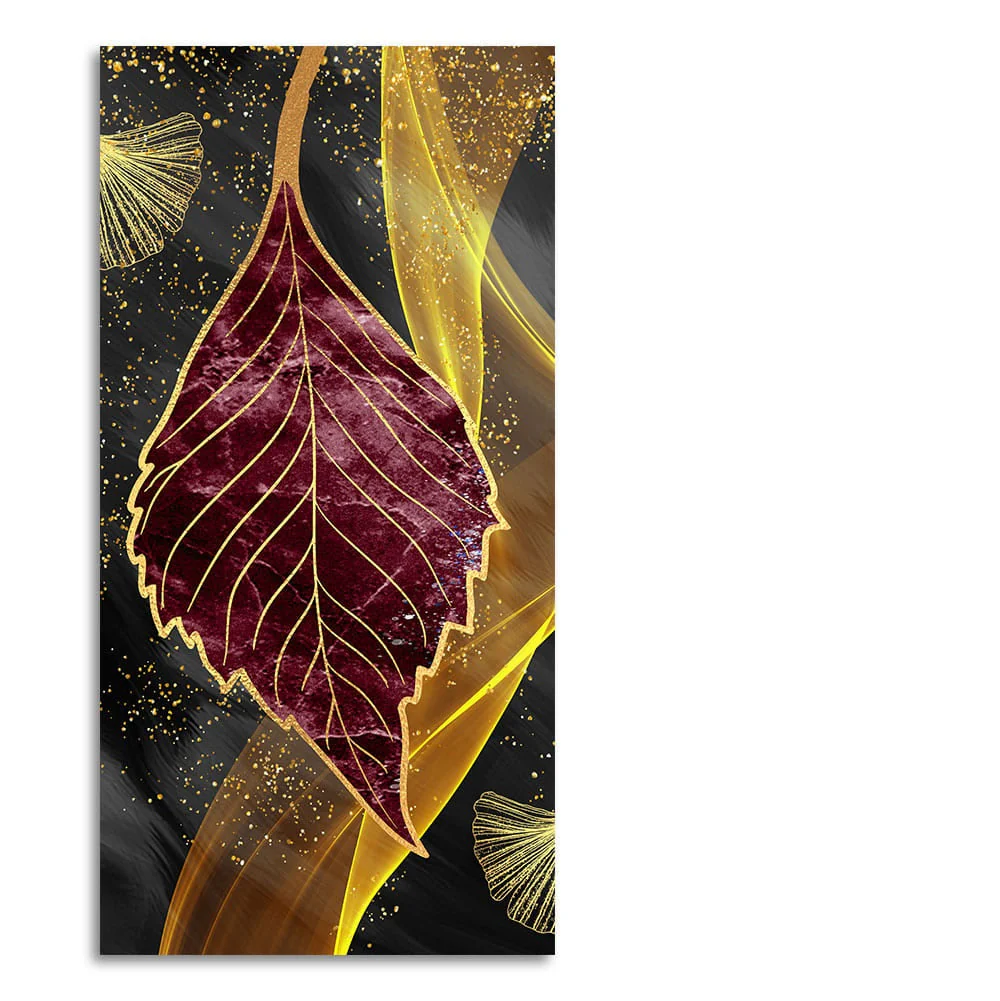 Golden Waves Shapes Turquoise and Red Leaf Feather Canvas Wall Painting - Image 4
