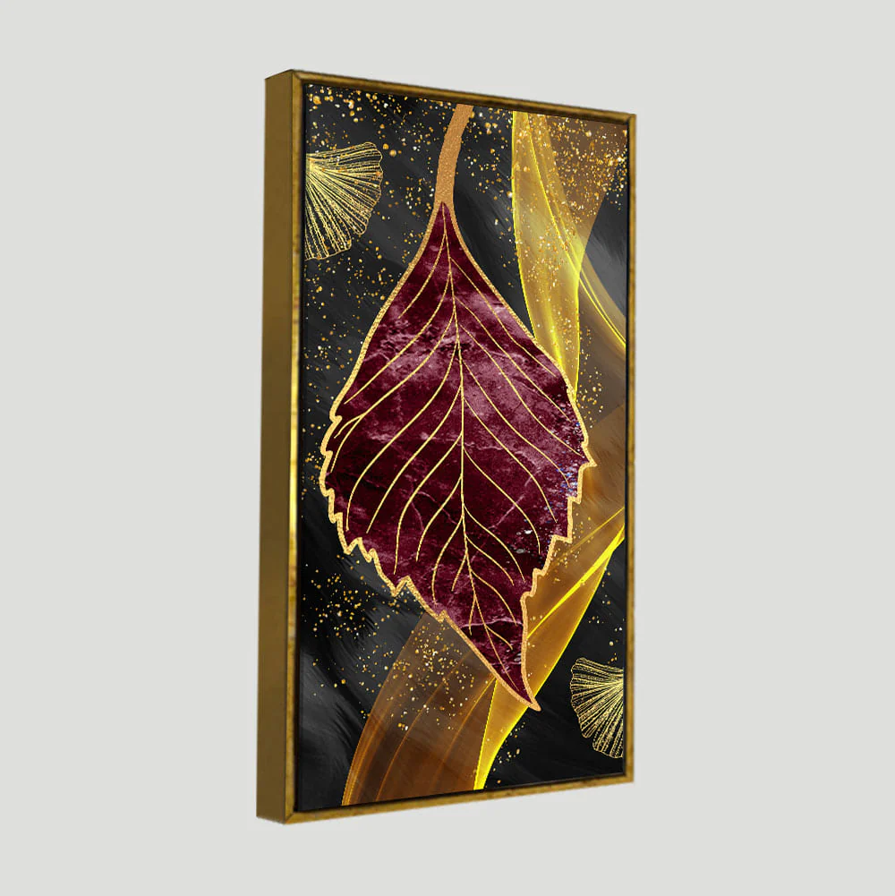 Golden Waves Shapes Turquoise and Red Leaf Feather Canvas Wall Painting - Image 5