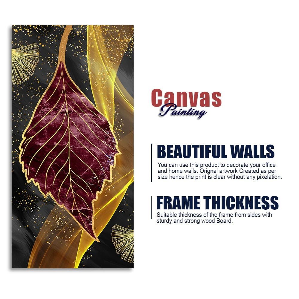 Golden Waves Shapes Turquoise and Red Leaf Feather Canvas Wall Painting - Image 6