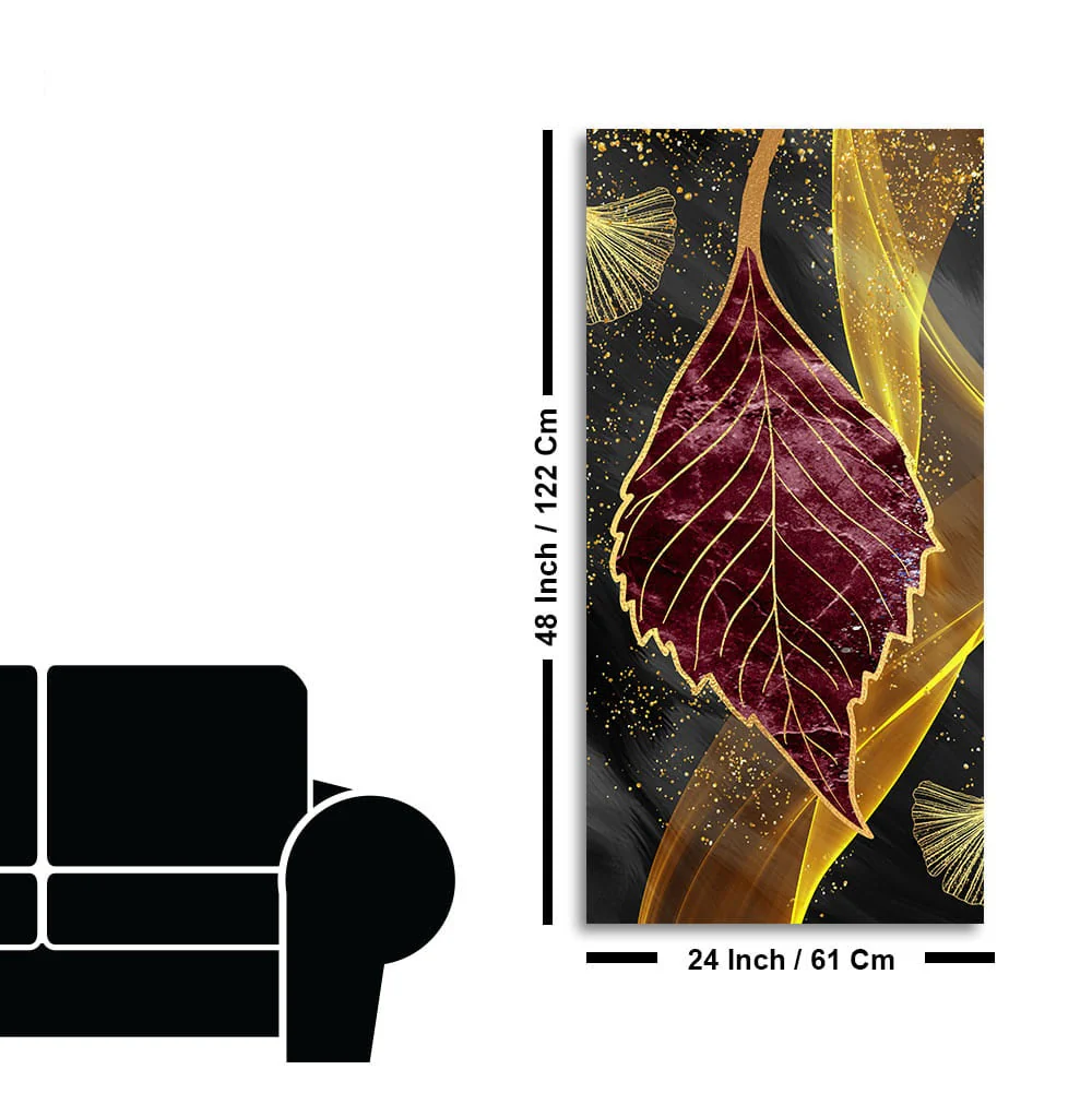 Golden Waves Shapes Turquoise and Red Leaf Feather Canvas Wall Painting - Image 7