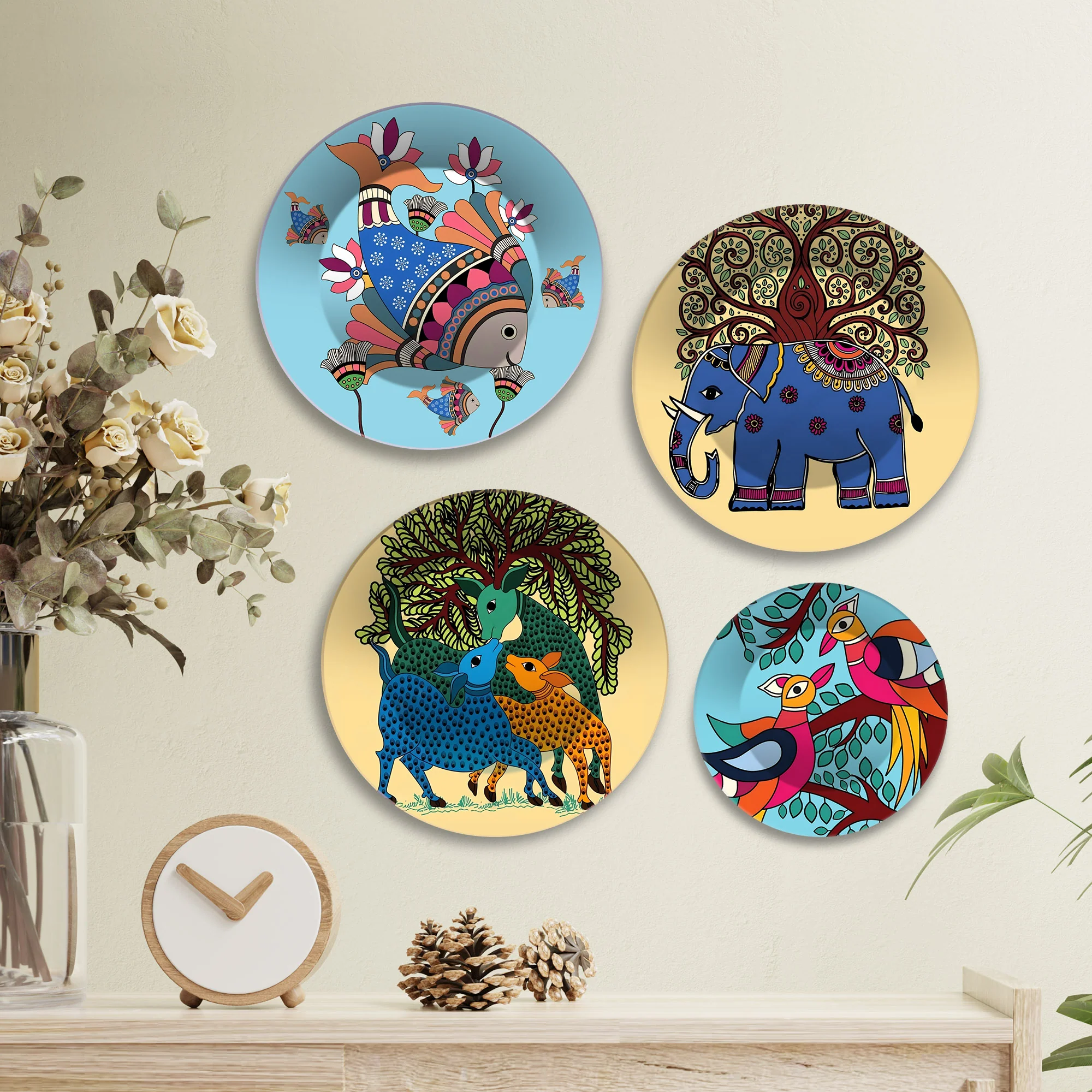 Gond Art Inspired Animal Tales Premium Wall Plates Painting Set of Four - Image 2