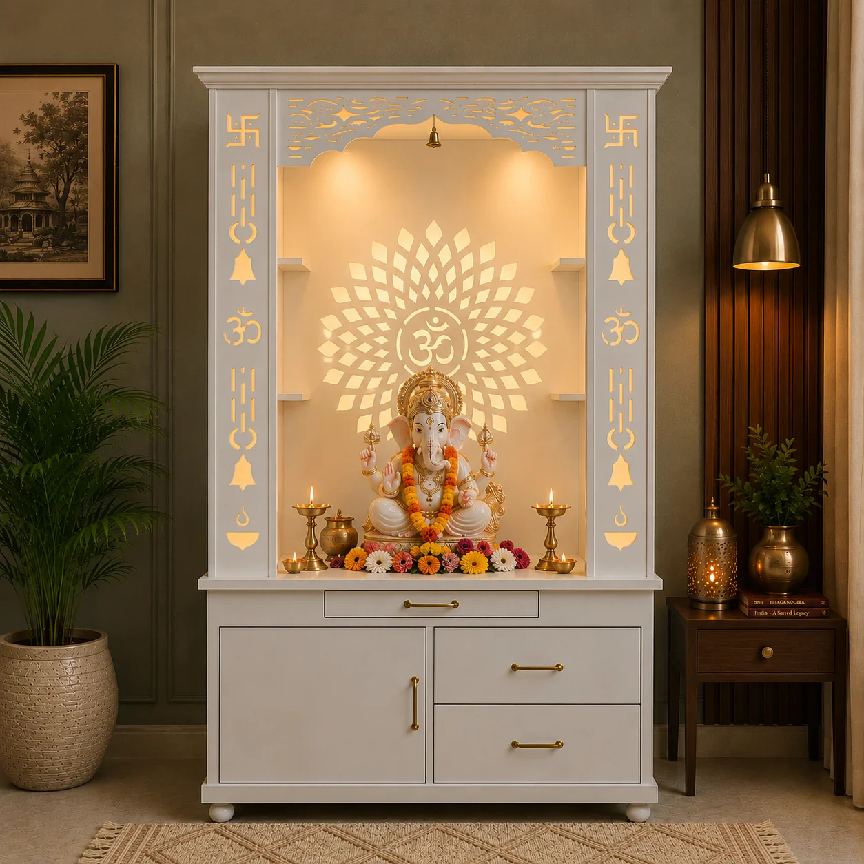 Gorgeous White Wooden Temple with OM LED Back Panel & Spacious Drawers Storage Cabinet for Home & Office - Image 2
