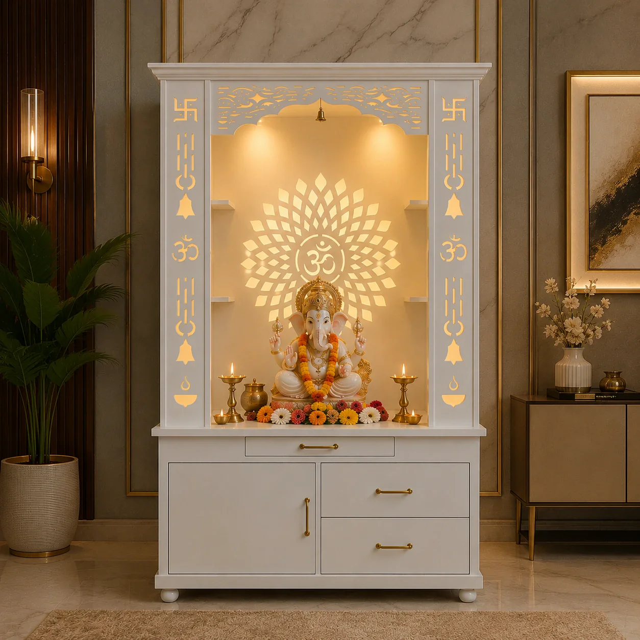 Gorgeous White Wooden Temple with OM LED Back Panel & Spacious Drawers Storage Cabinet for Home & Office - Image 3