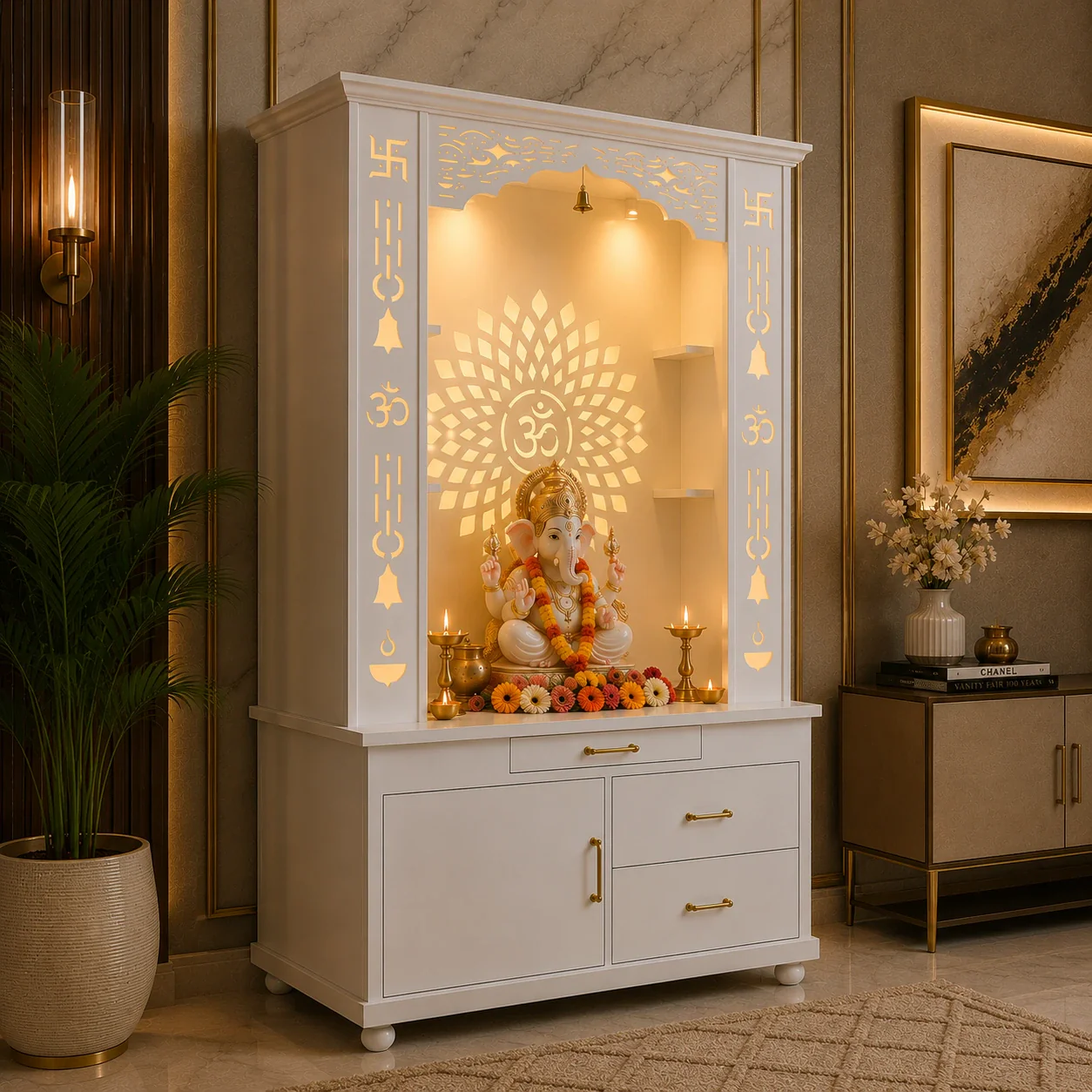 Gorgeous White Wooden Temple with OM LED Back Panel & Spacious Drawers Storage Cabinet for Home & Office - Image 4