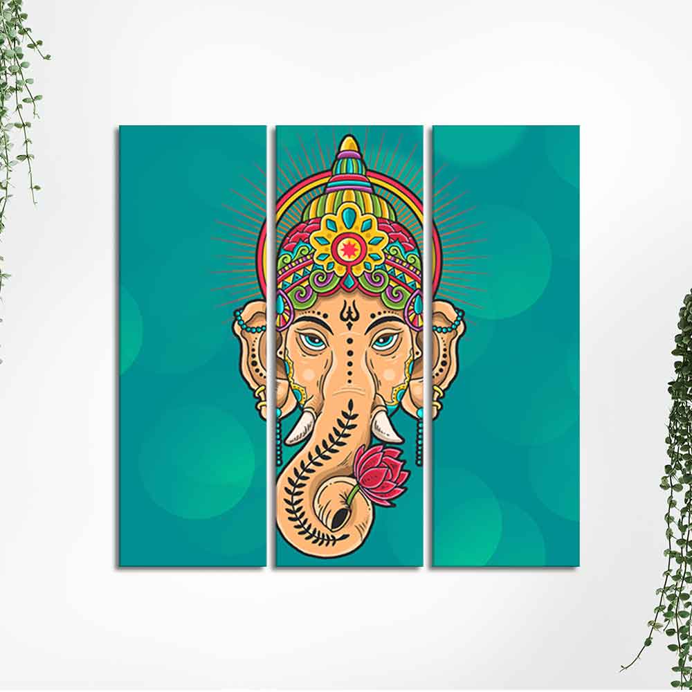 Green Lord Ganesha Wall Painting Set of Three - Image 5