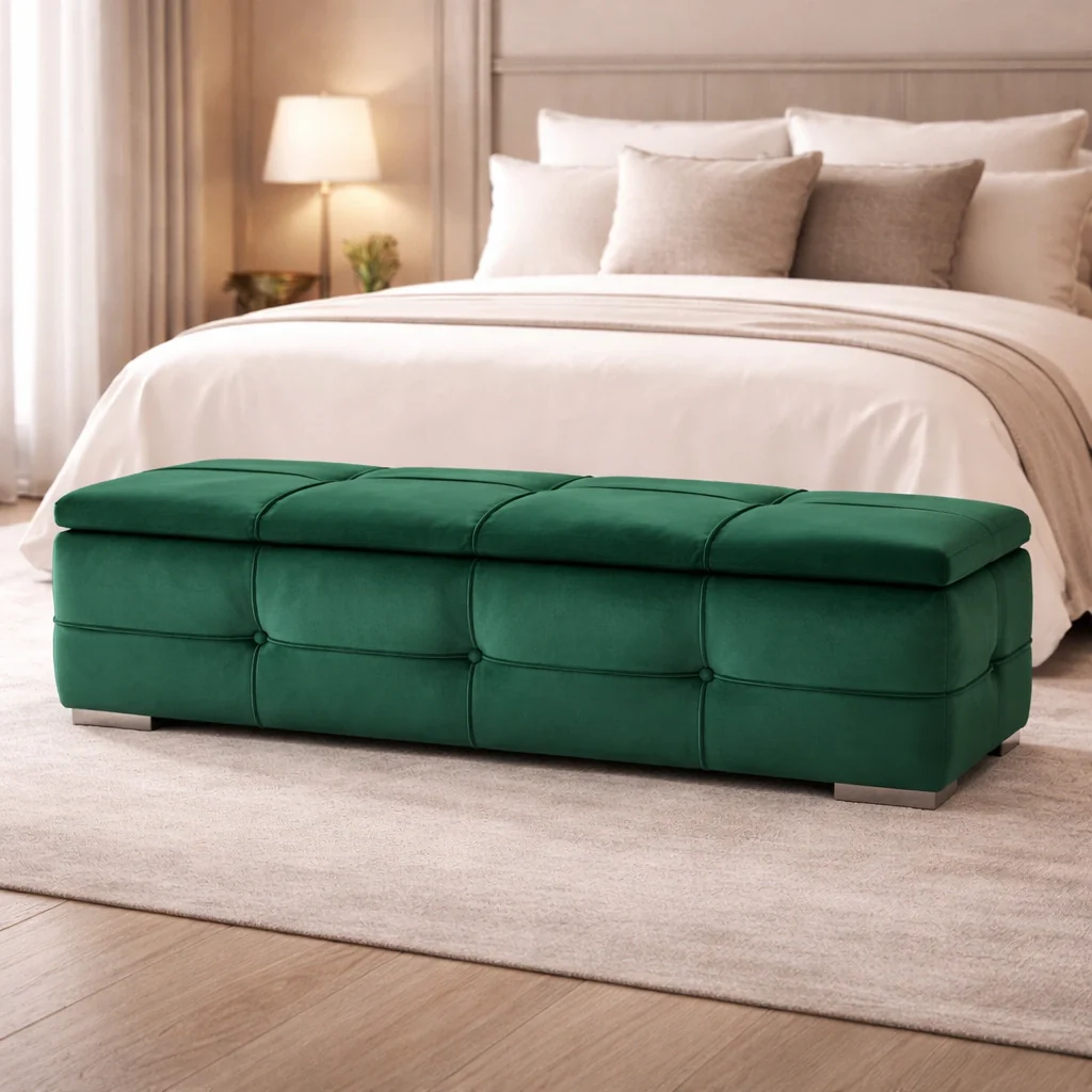Green Velvet Tufted Storage Bench with Seating and Organizer Space - Image 2