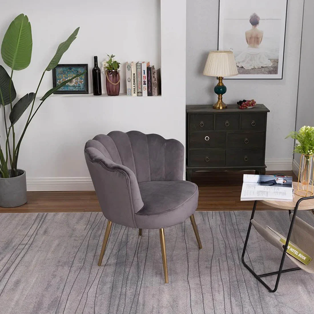 Grey Crafted Shell Shaped Designer Accent Chair - Image 2
