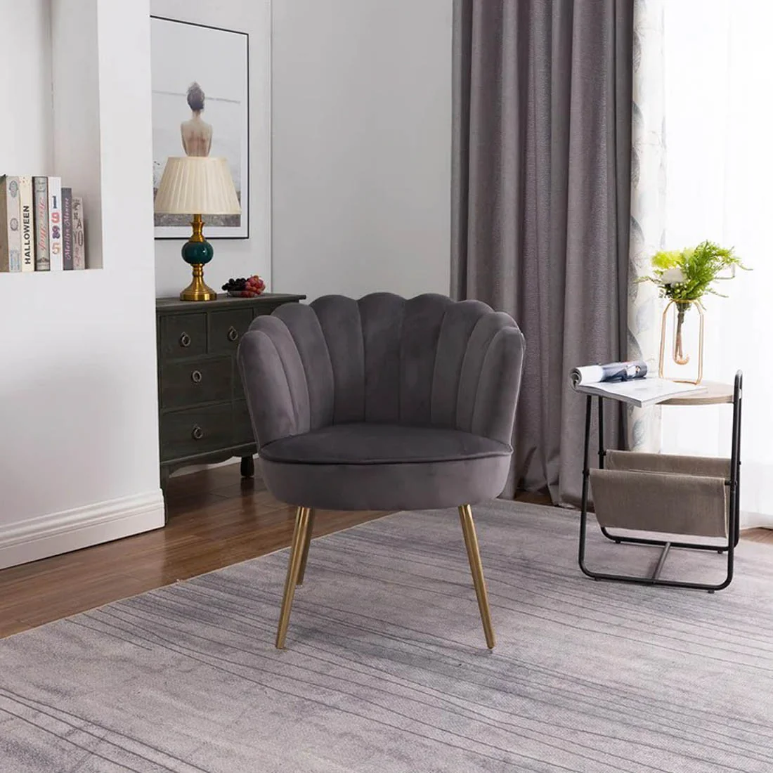 Grey Crafted Shell Shaped Designer Accent Chair - Image 3