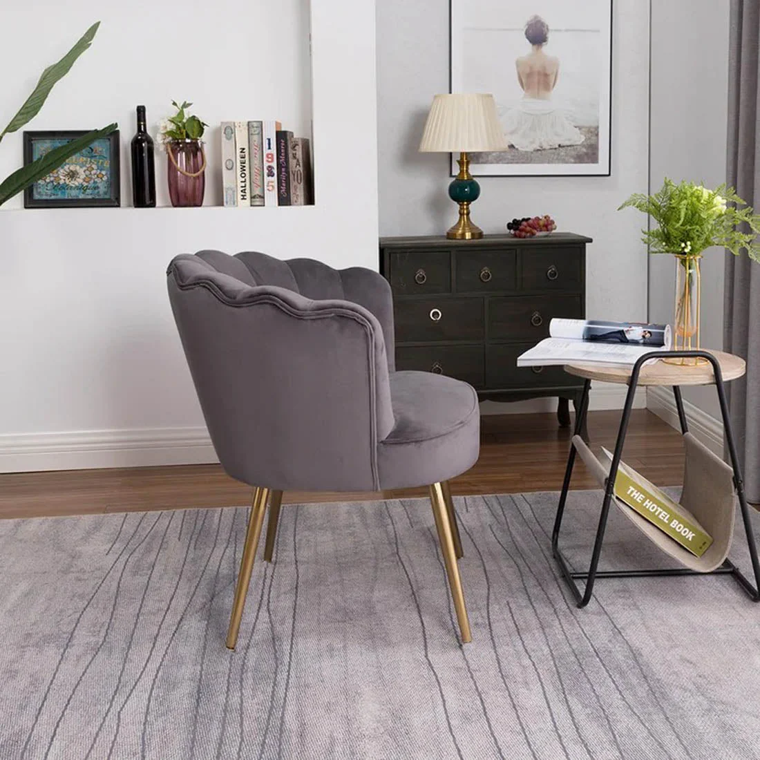 Grey Crafted Shell Shaped Designer Accent Chair - Image 4