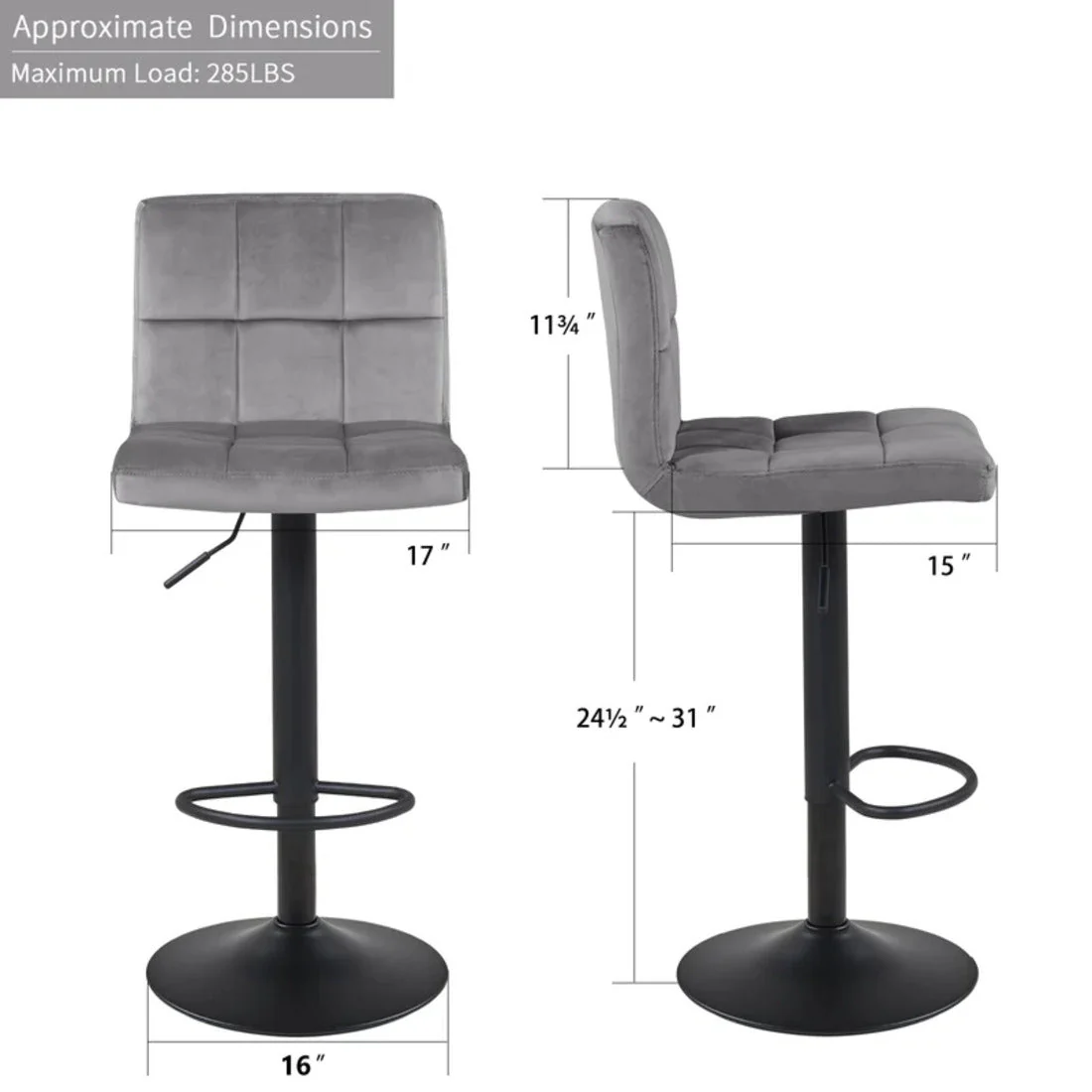 Grey Plush Feel Velvet Counter Bar Chair / Long Chair - Image 3