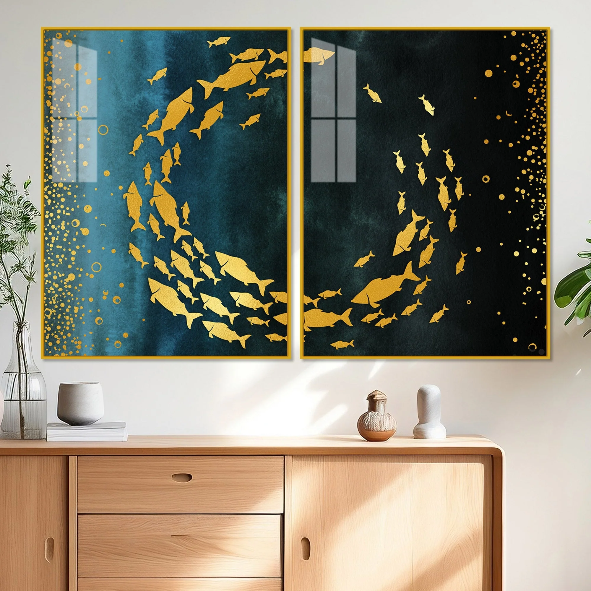 Group of Golden Fishes Acrylic Floating Wall Painting Set of 2 - Image 2