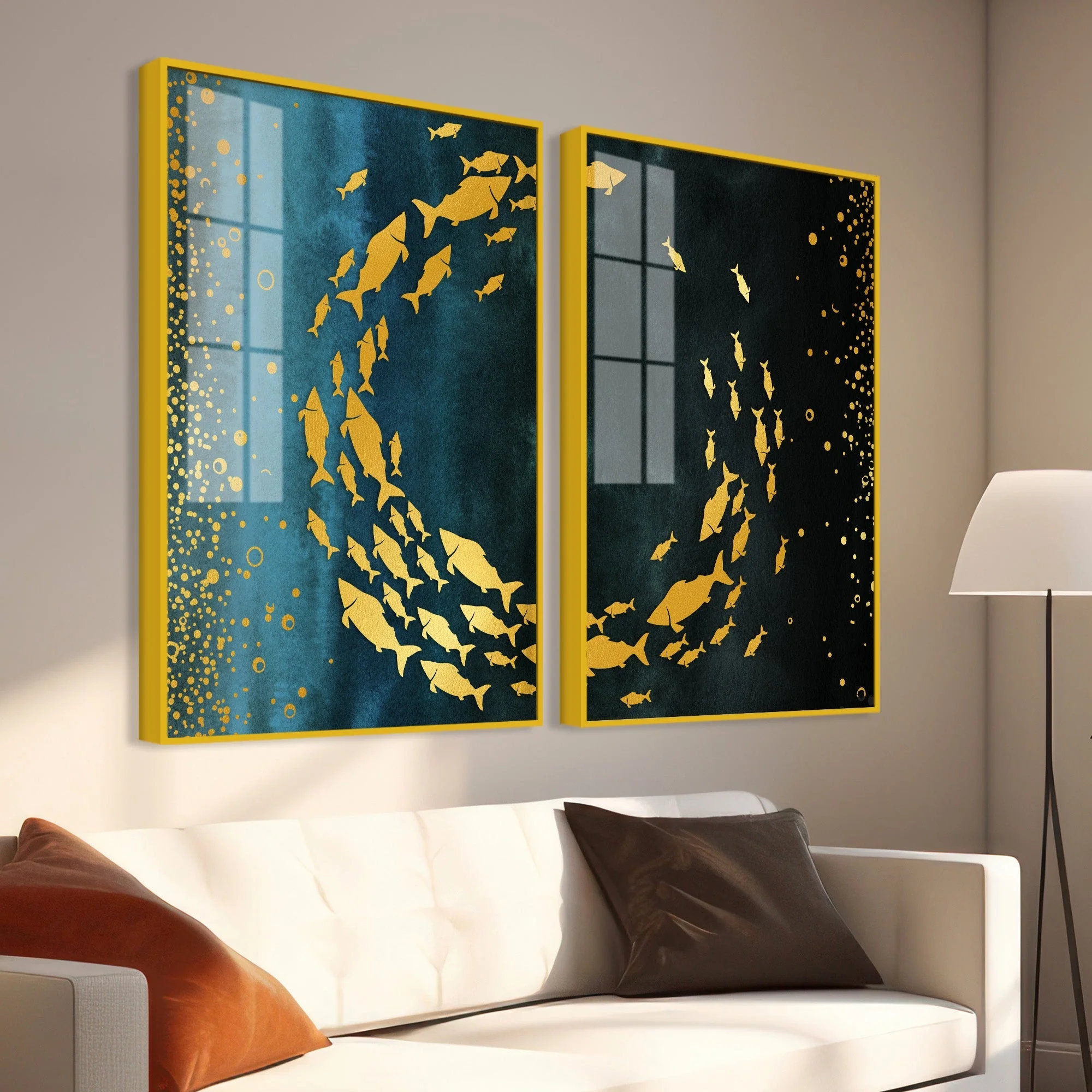 Group of Golden Fishes Acrylic Floating Wall Painting Set of 2 - Image 3