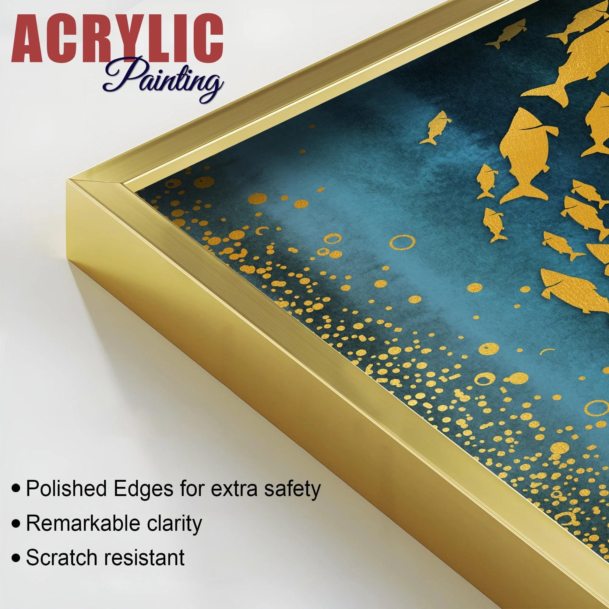Group of Golden Fishes Acrylic Floating Wall Painting Set of 2 - Image 4