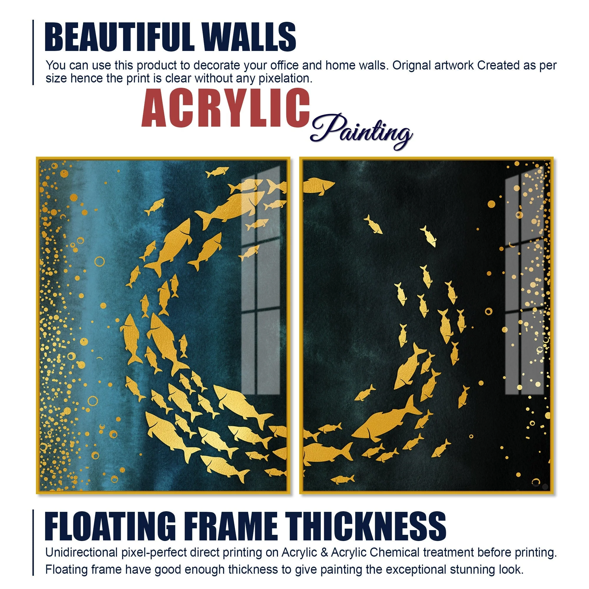 Group of Golden Fishes Acrylic Floating Wall Painting Set of 2 - Image 6