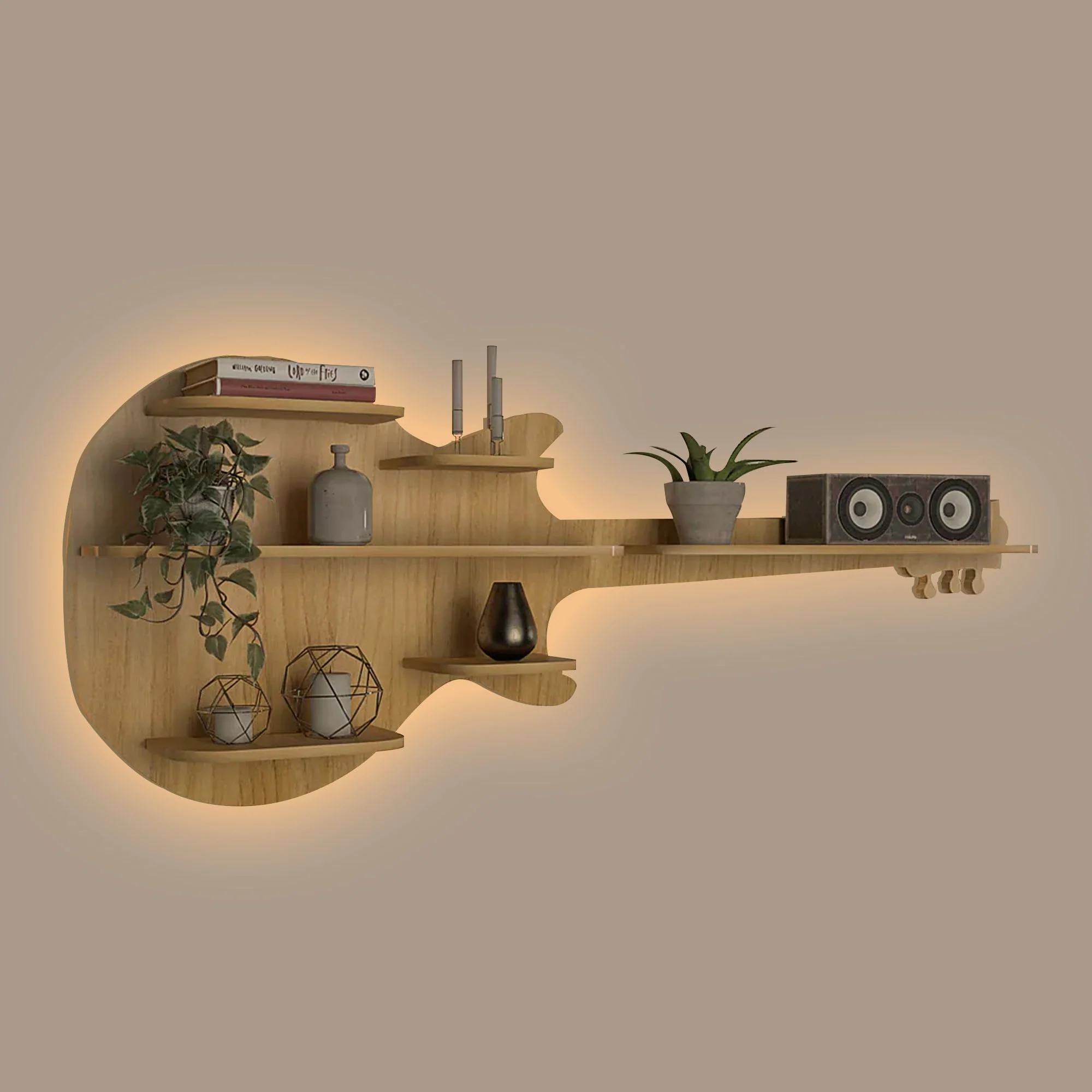 Guitar Backlit Designer Wooden Wall Shelf / Book Shelf / Night Light, Oak Finish - Image 2