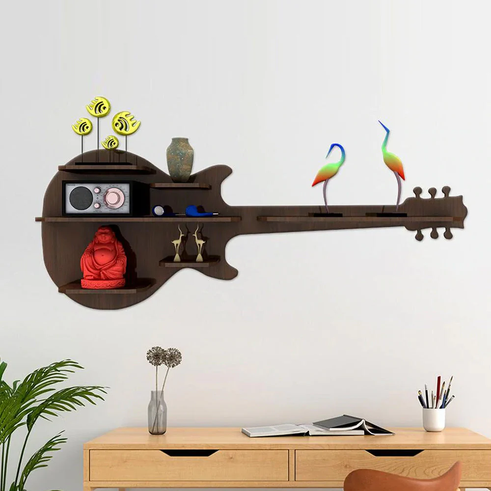 Guitar Backlit Designer Wooden Wall Shelf / Book Shelf / Night Light, Walnut Finish - Image 2