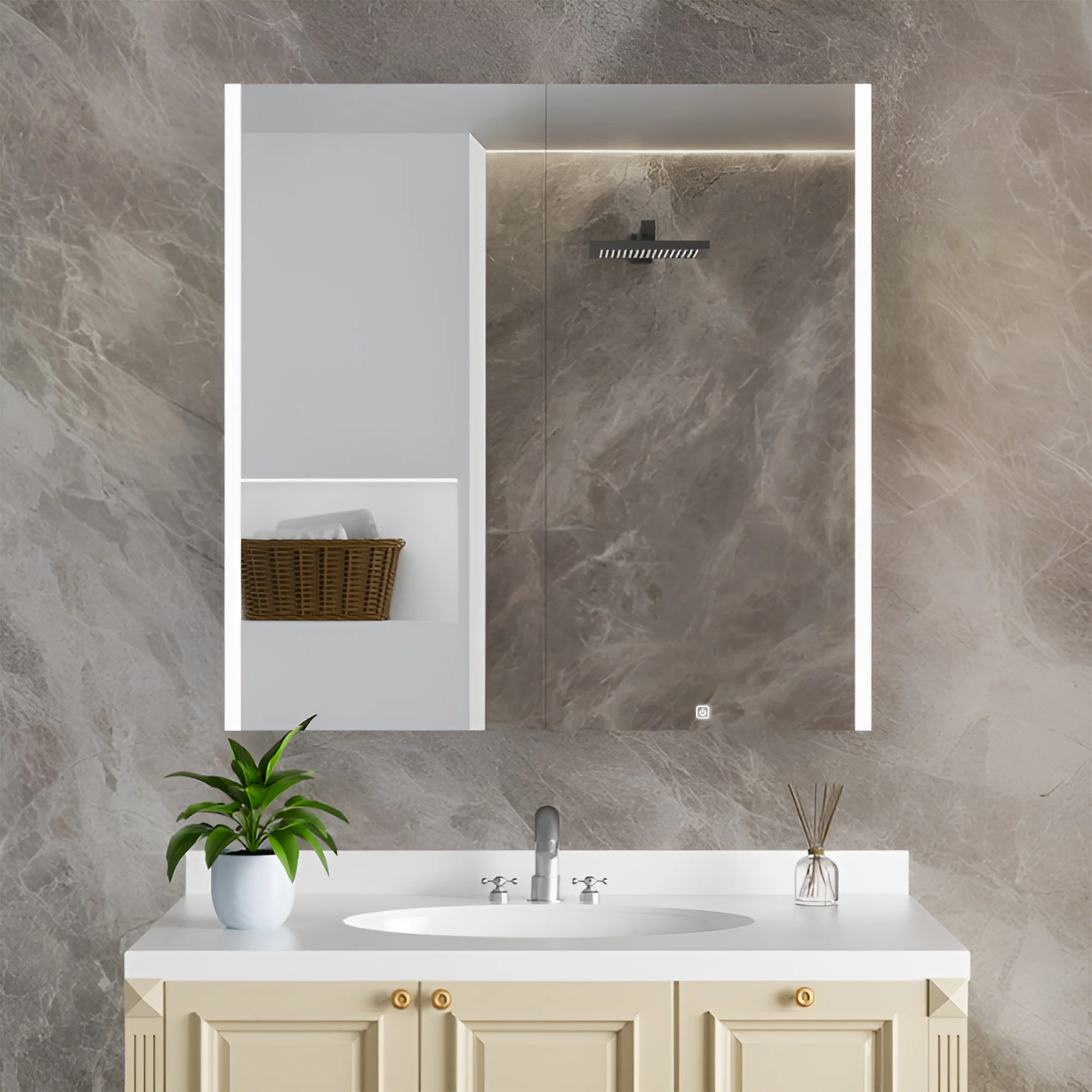HaloLine Ambient Side Glow LED Mirror with Storage Cabinet