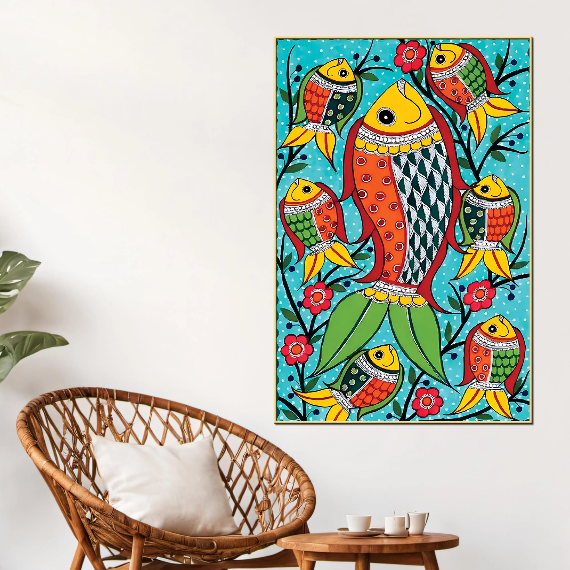 Handcrafted Style Fish Canvas Painting | Traditional Indian Wall Painting - Image 2