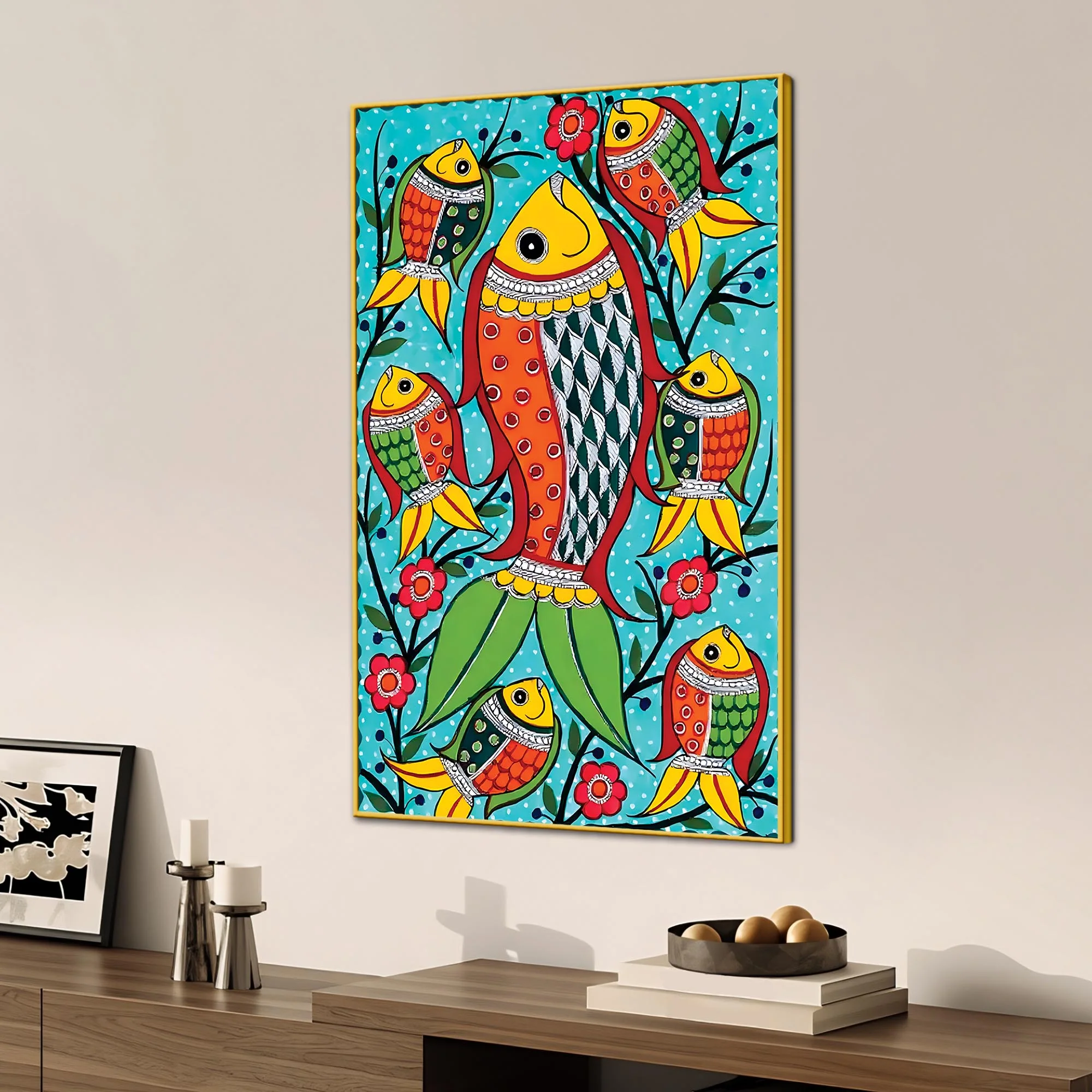 Handcrafted Style Fish Canvas Painting | Traditional Indian Wall Painting - Image 3