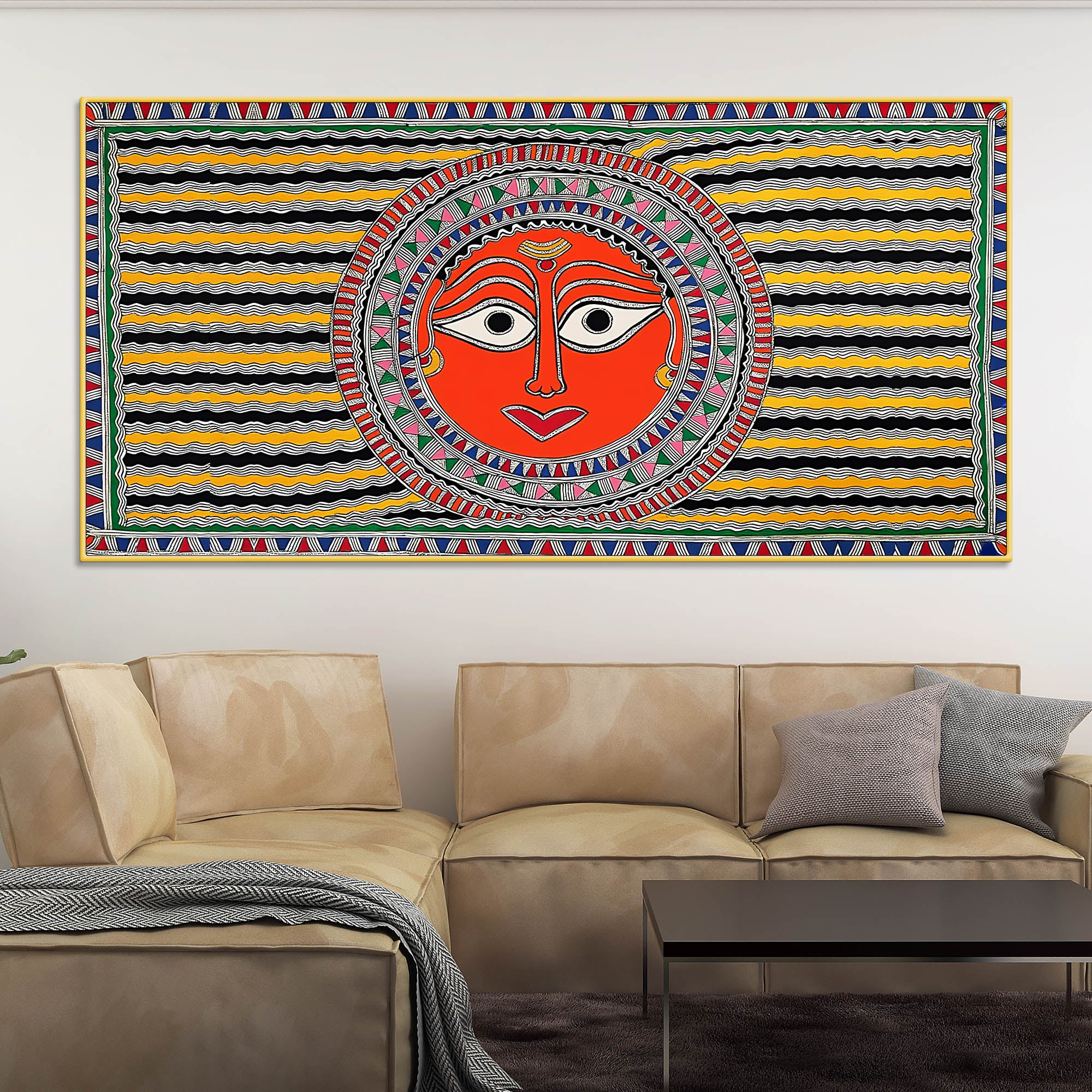 Handcrafted Style Indian Sun Face Canvas Wall Décor Painting - Image 2