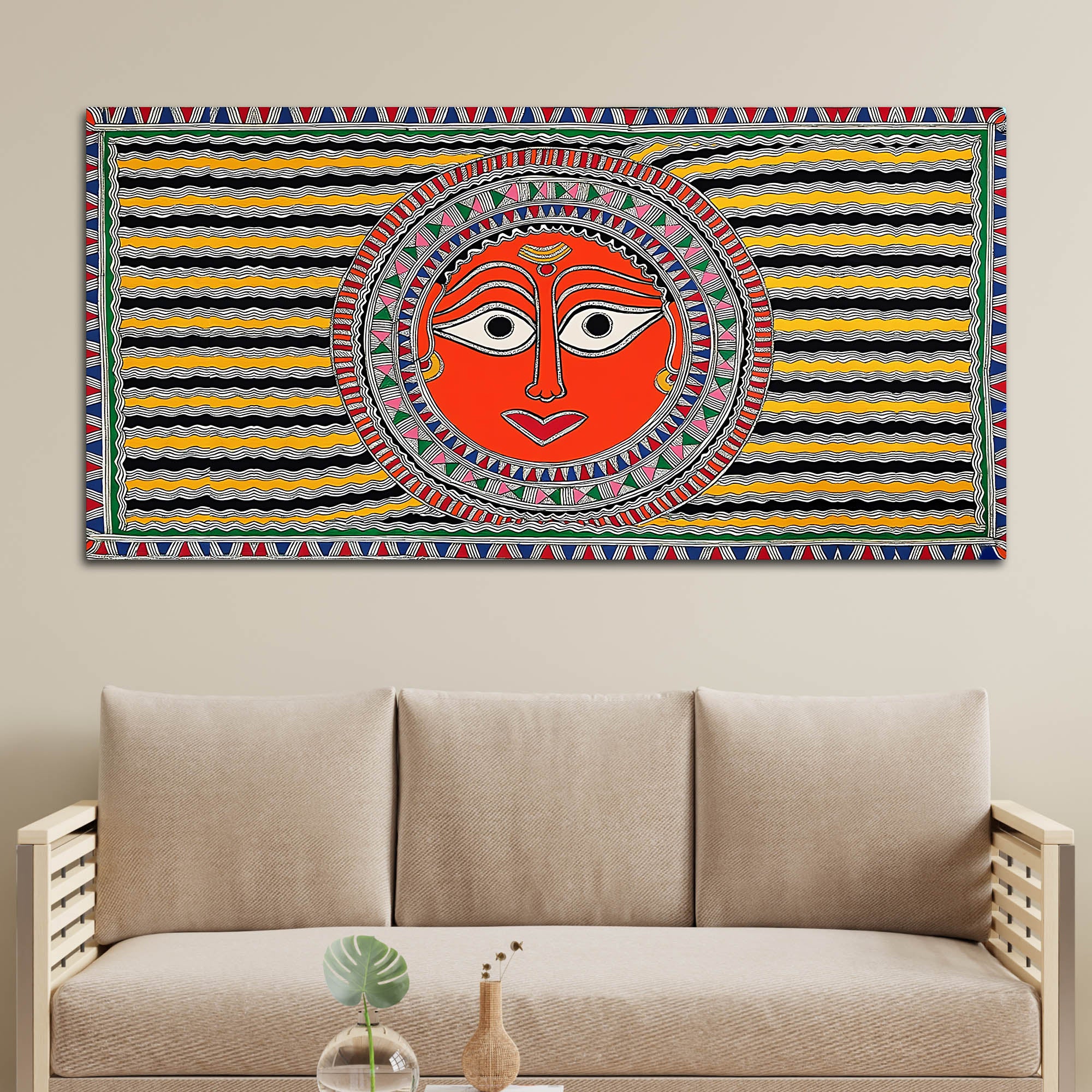 Handcrafted Style Indian Sun Face Canvas Wall Décor Painting - Image 3