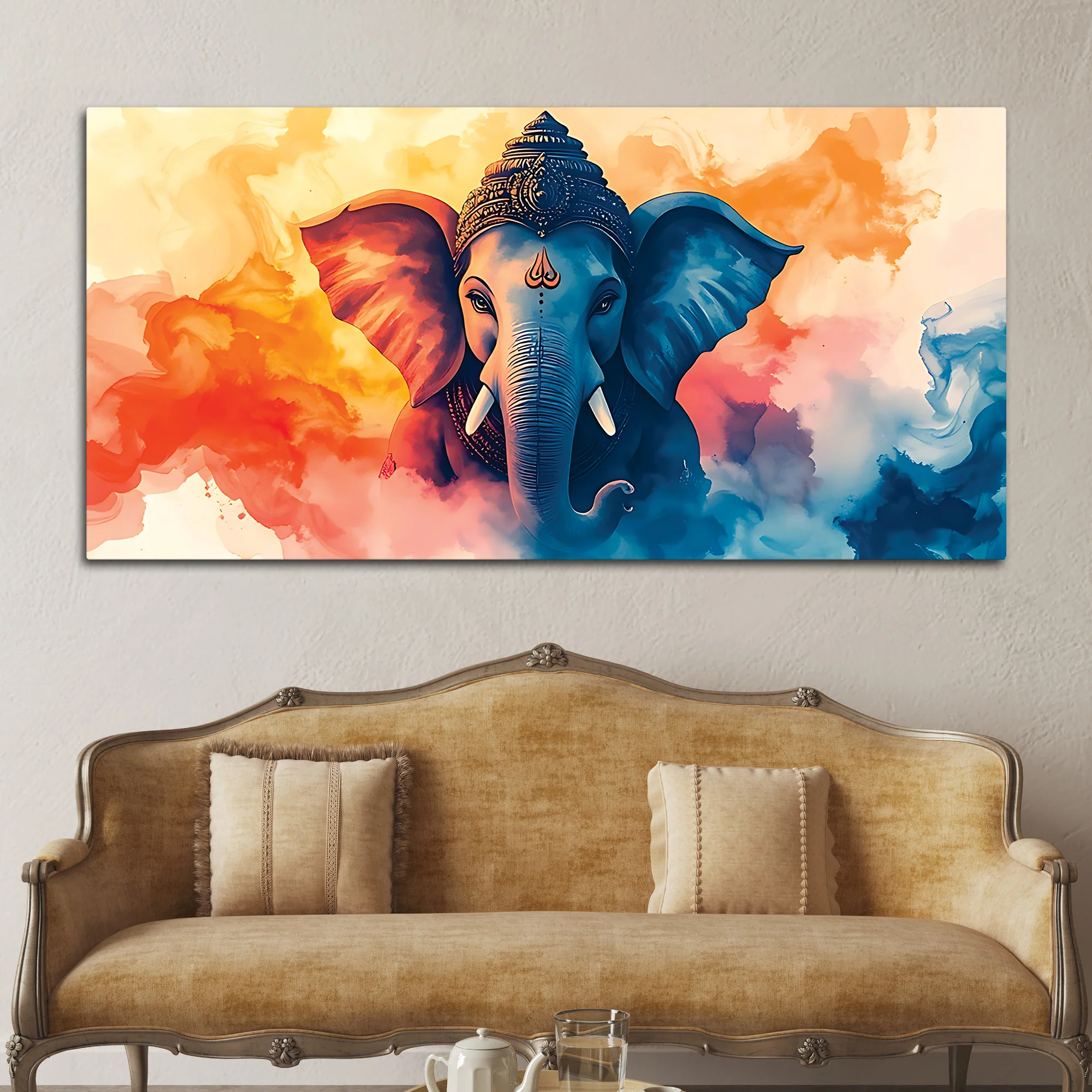 Handcrafted Style Lord Shri Ganpati Bappa Canvas Wall Painting for Home & Office Decoration – Modern Spiritual Wall Decor - Image 2
