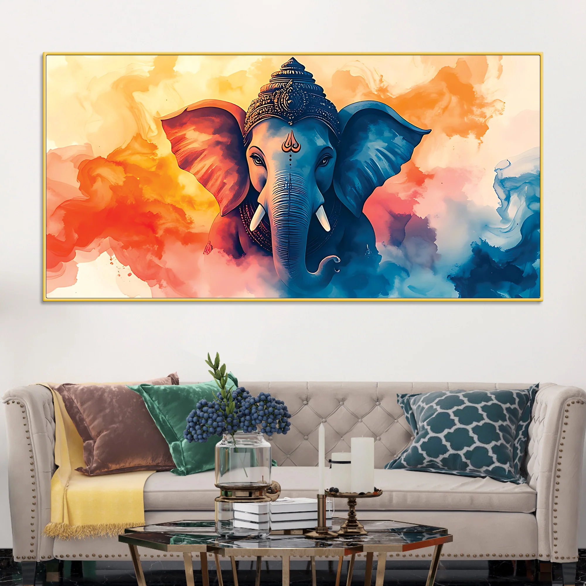 Handcrafted Style Lord Shri Ganpati Bappa Canvas Wall Painting for Home & Office Decoration – Modern Spiritual Wall Decor - Image 3