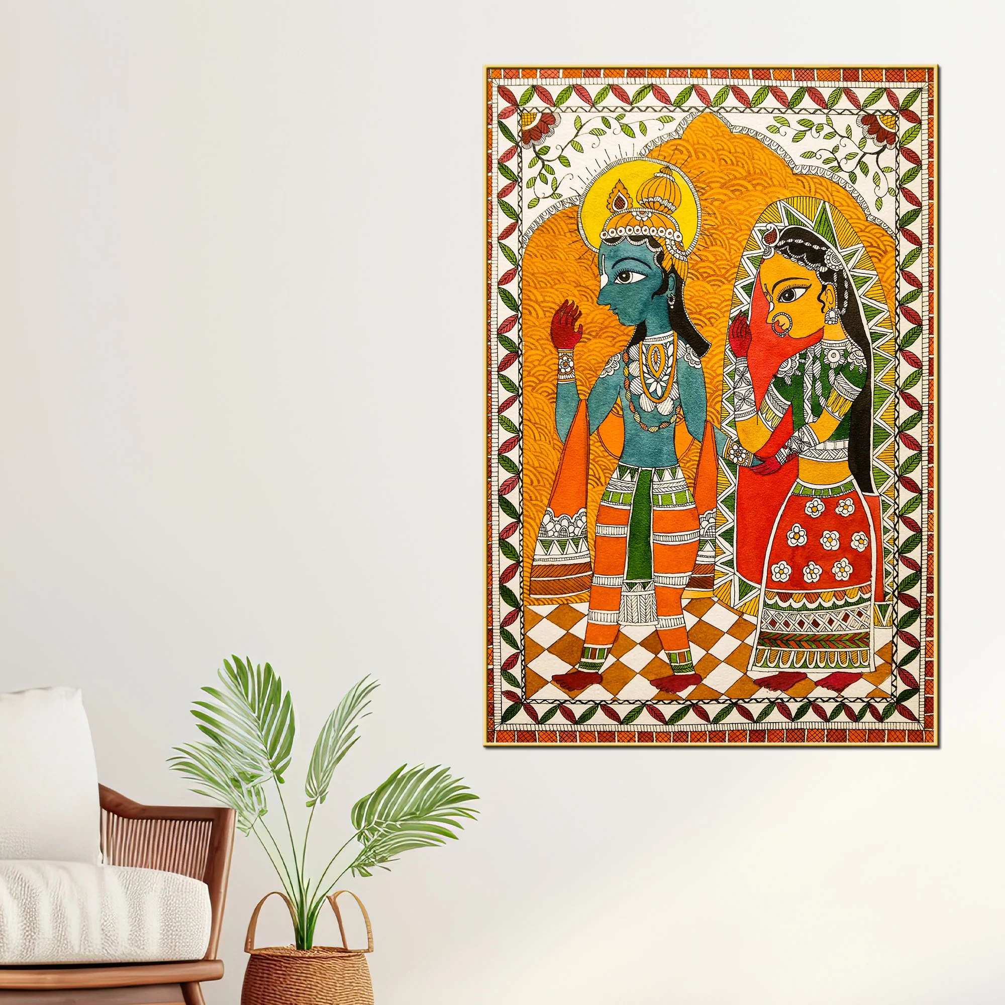Handcrafted Style Madhubani Canvas Wall Painting for Home Decoration