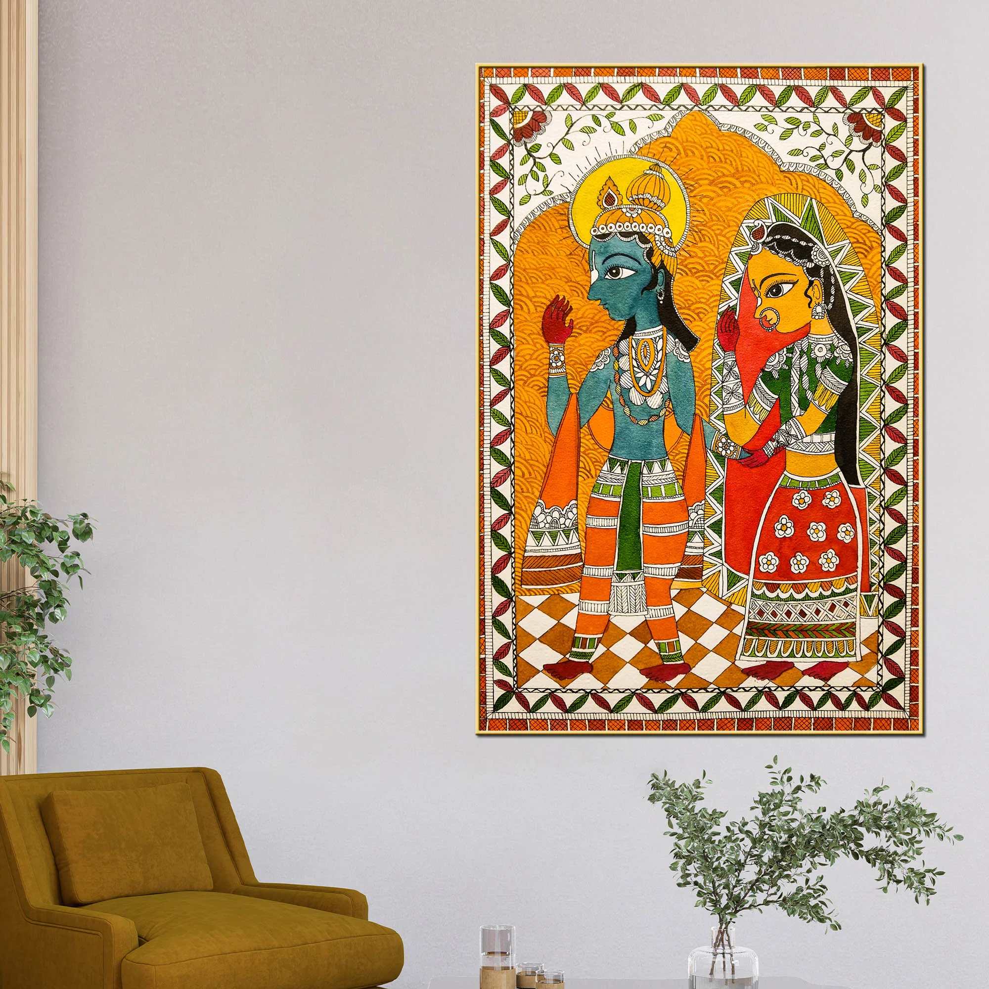 Handcrafted Style Madhubani Canvas Wall Painting for Home Decoration - Image 2