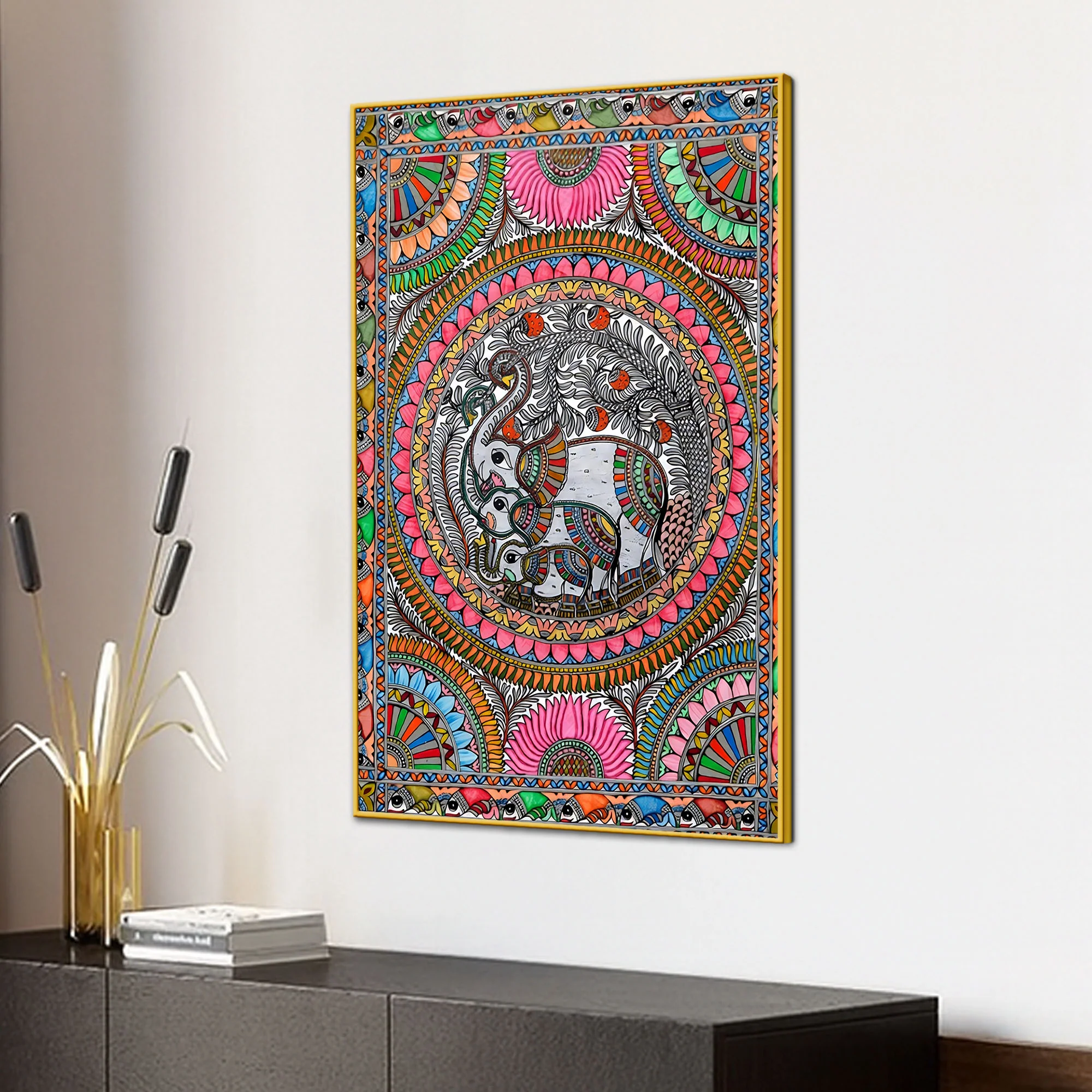 Handcrafted Style Madhubani Elephant Canvas Painting - Image 3