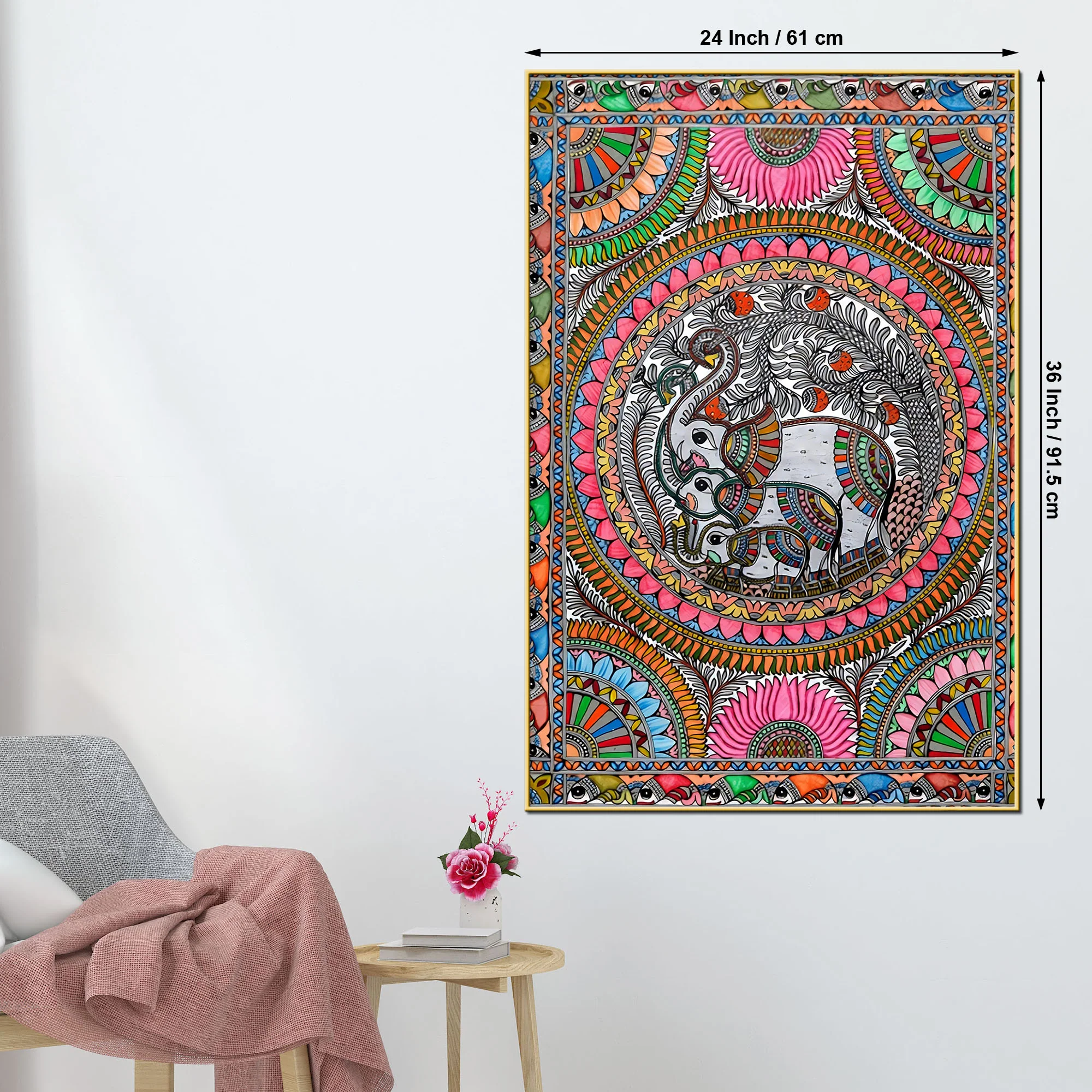 Handcrafted Style Madhubani Elephant Canvas Painting - Image 5