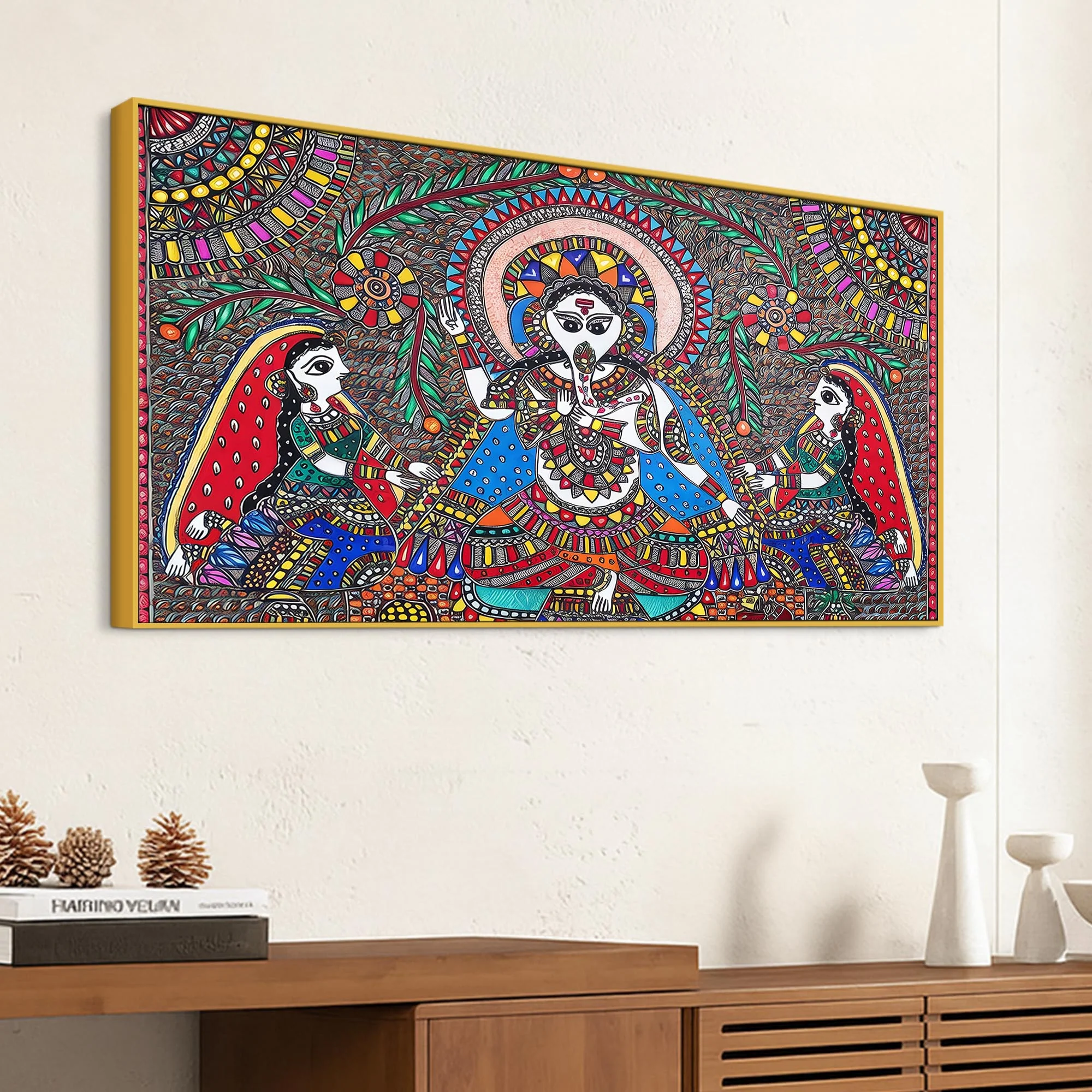 Handcrafted Style Madhubani Ganpati Canvas Wall Painting - Image 5