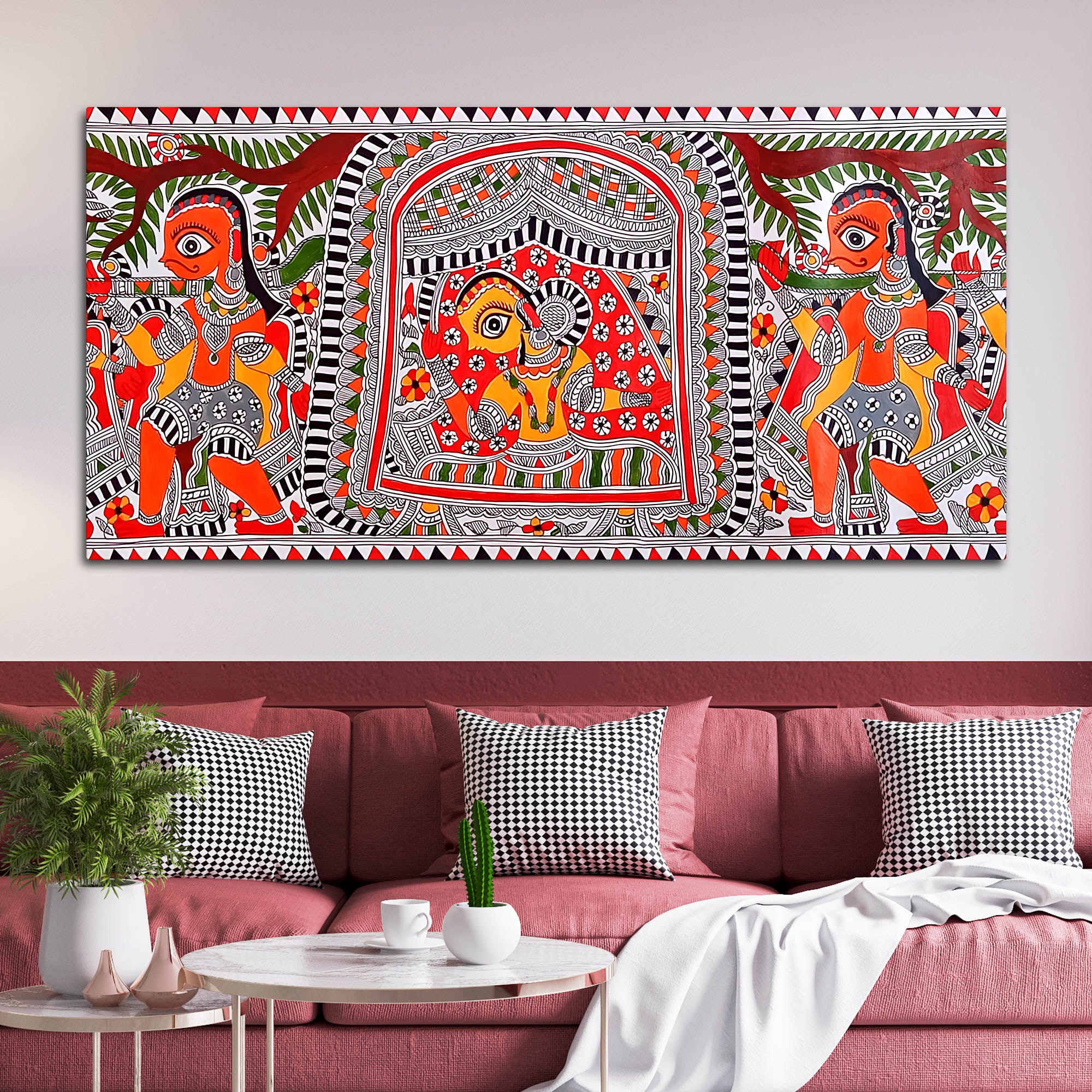 Handcrafted Style Madhubani Indian Art Canvas Painting - Image 3