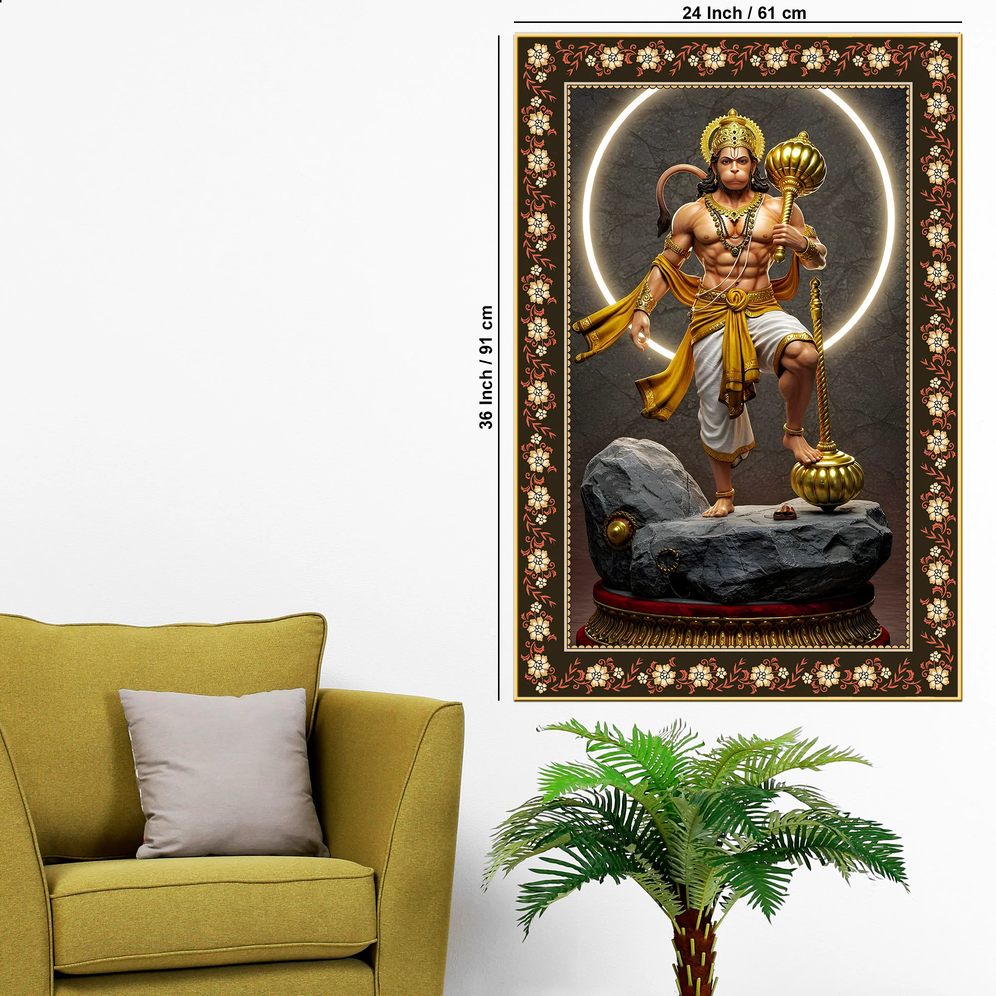 Hanuman Destroyer of illusions Floral Border Vertical Wall Painting - Image 6