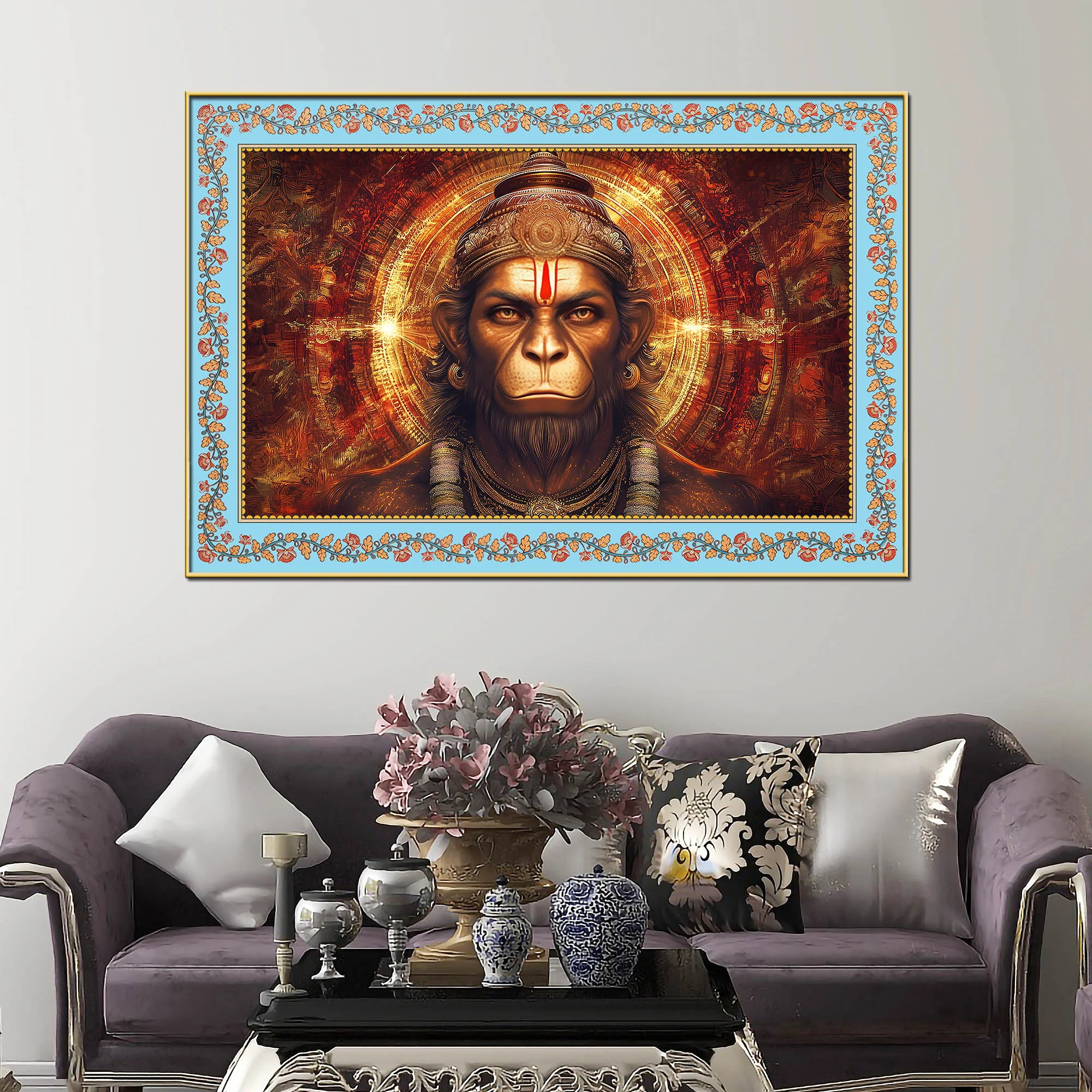 Hanuman Symbol of Strength Floral Border Canvas Wall Painting - Image 2