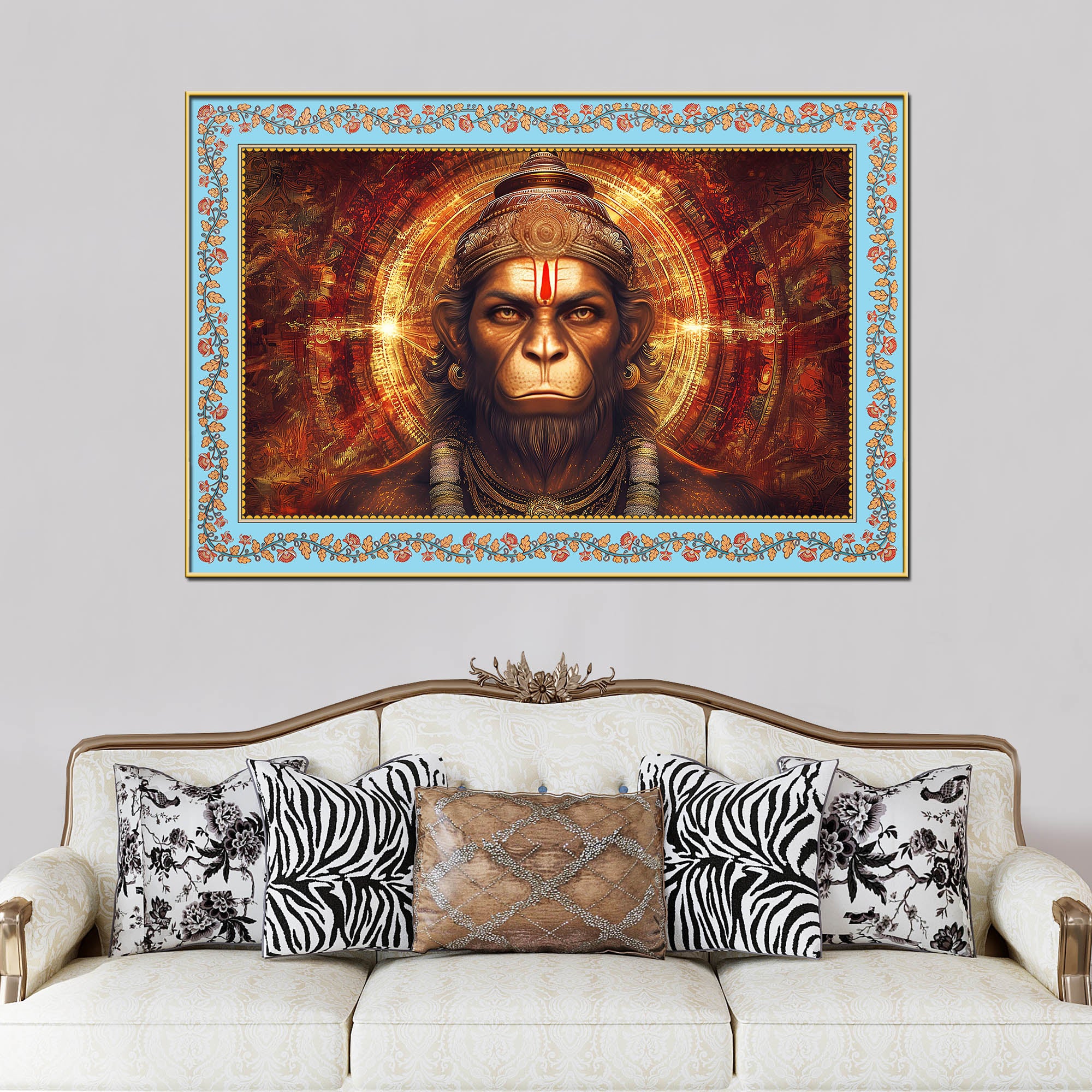 Hanuman Symbol of Strength Floral Border Canvas Wall Painting - Image 3