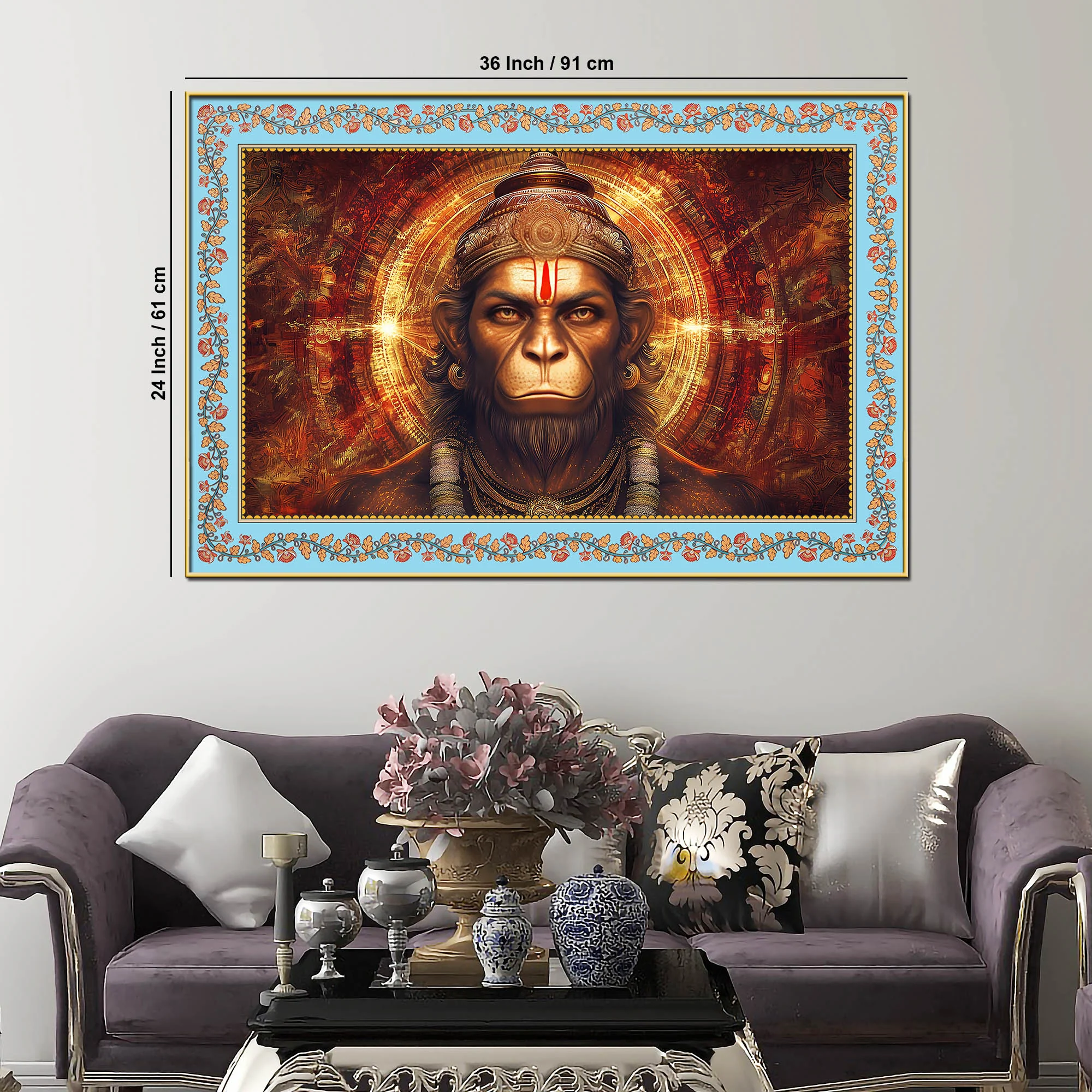 Hanuman Symbol of Strength Floral Border Canvas Wall Painting - Image 6