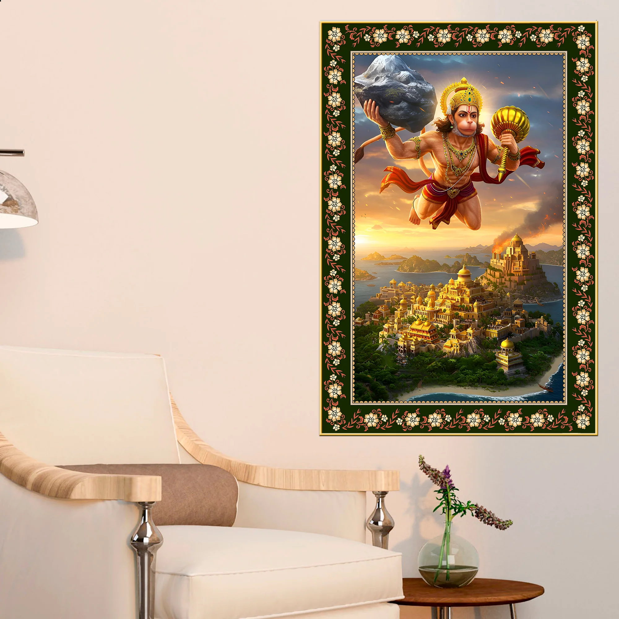 Hanuman with Sanjivani Hill Floral Border Vertical Wall Painting - Image 3