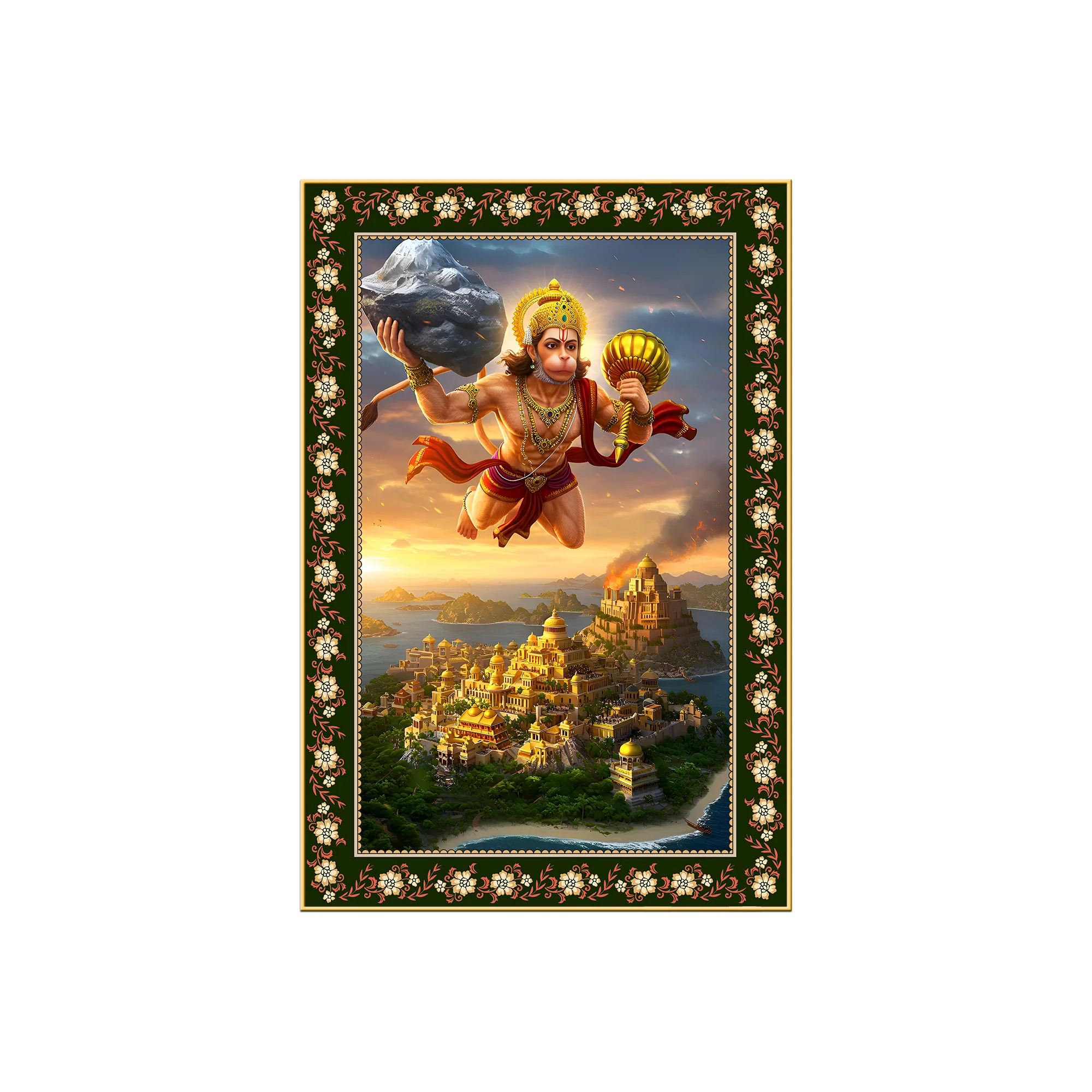 Hanuman with Sanjivani Hill Floral Border Vertical Wall Painting - Image 4