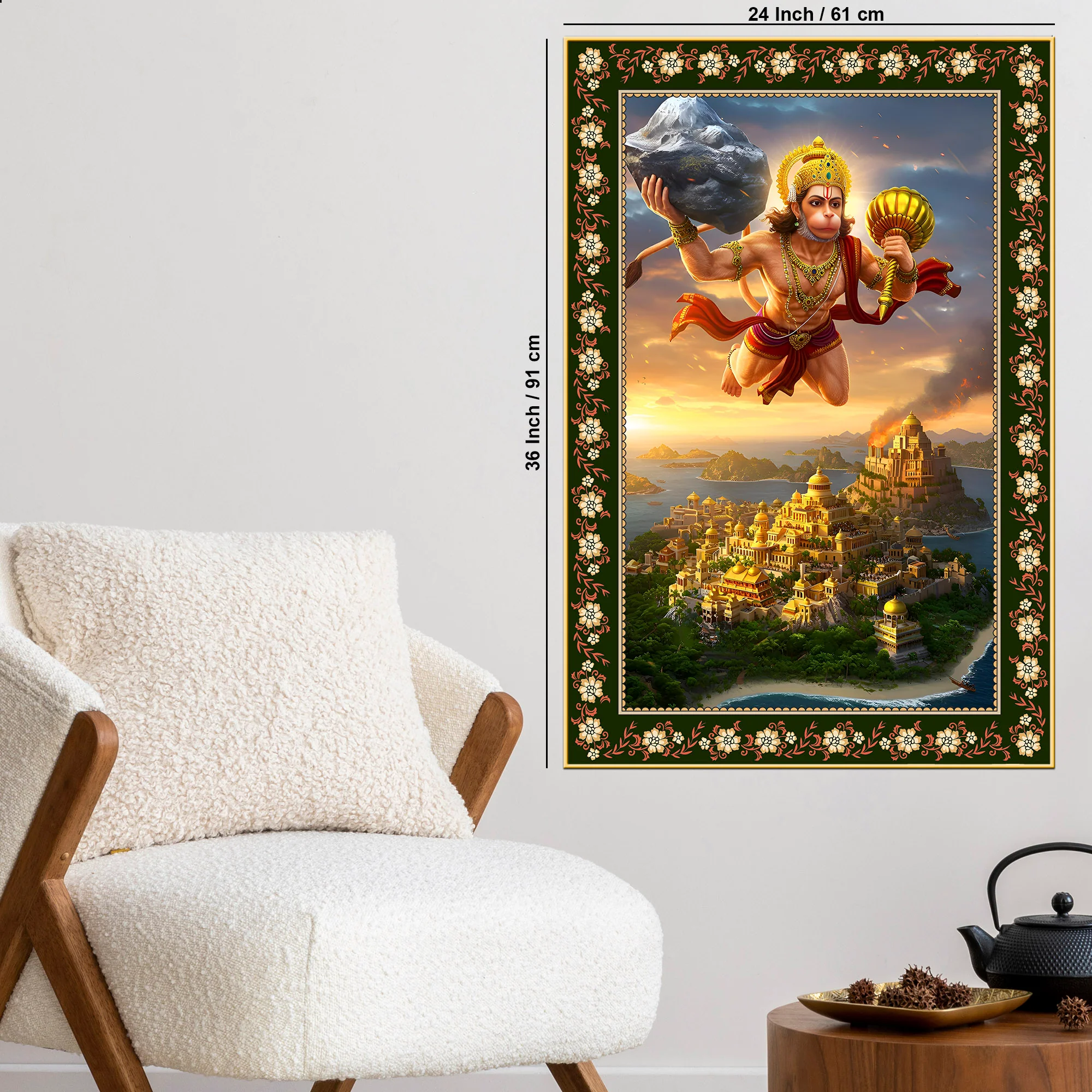Hanuman with Sanjivani Hill Floral Border Vertical Wall Painting - Image 6